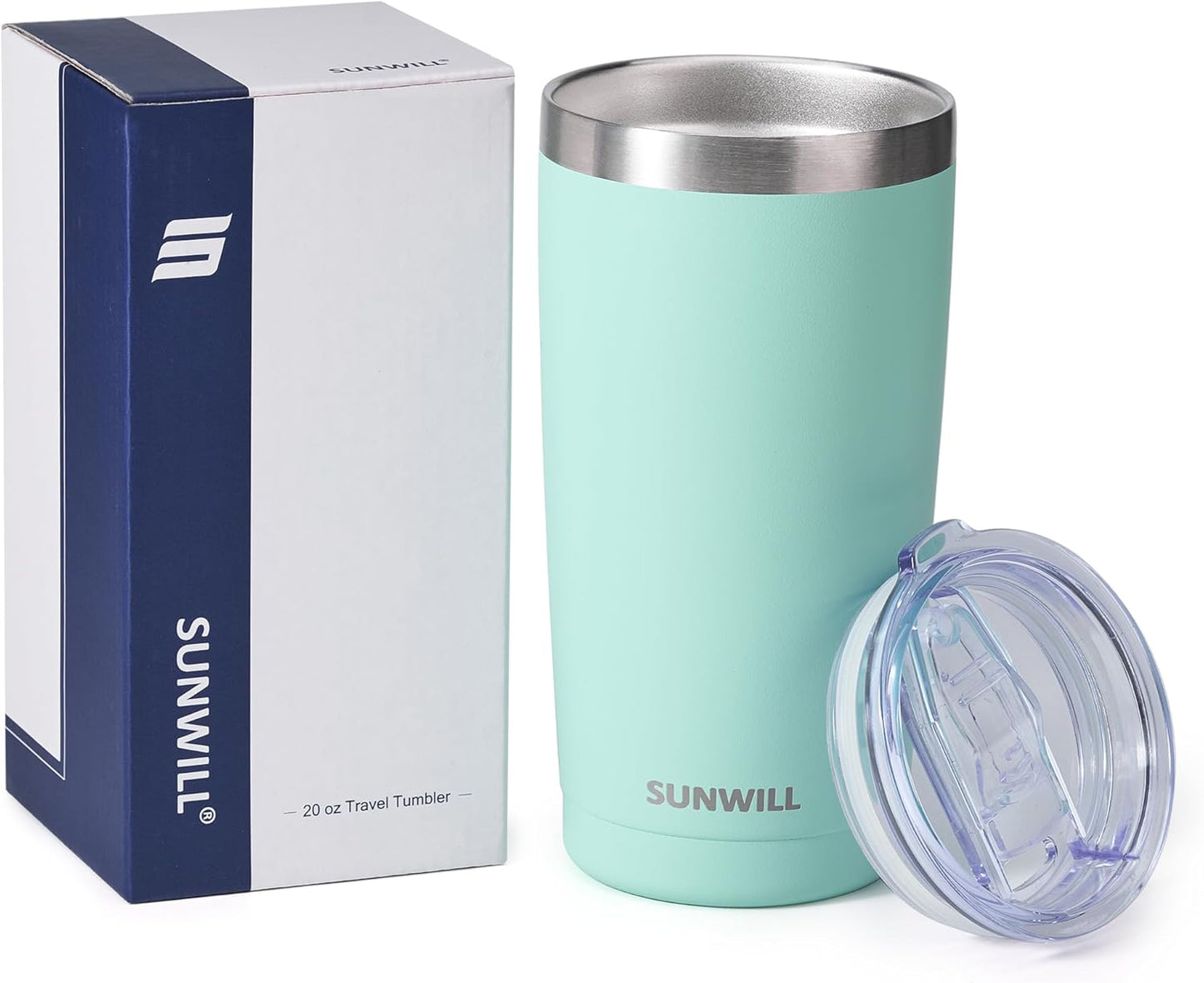 SUNWILL Travel Coffee Tumbler 20 oz, Insulated Mug with Lid, Stainless Steel Cup for Outdoor, Powder Coated Mint