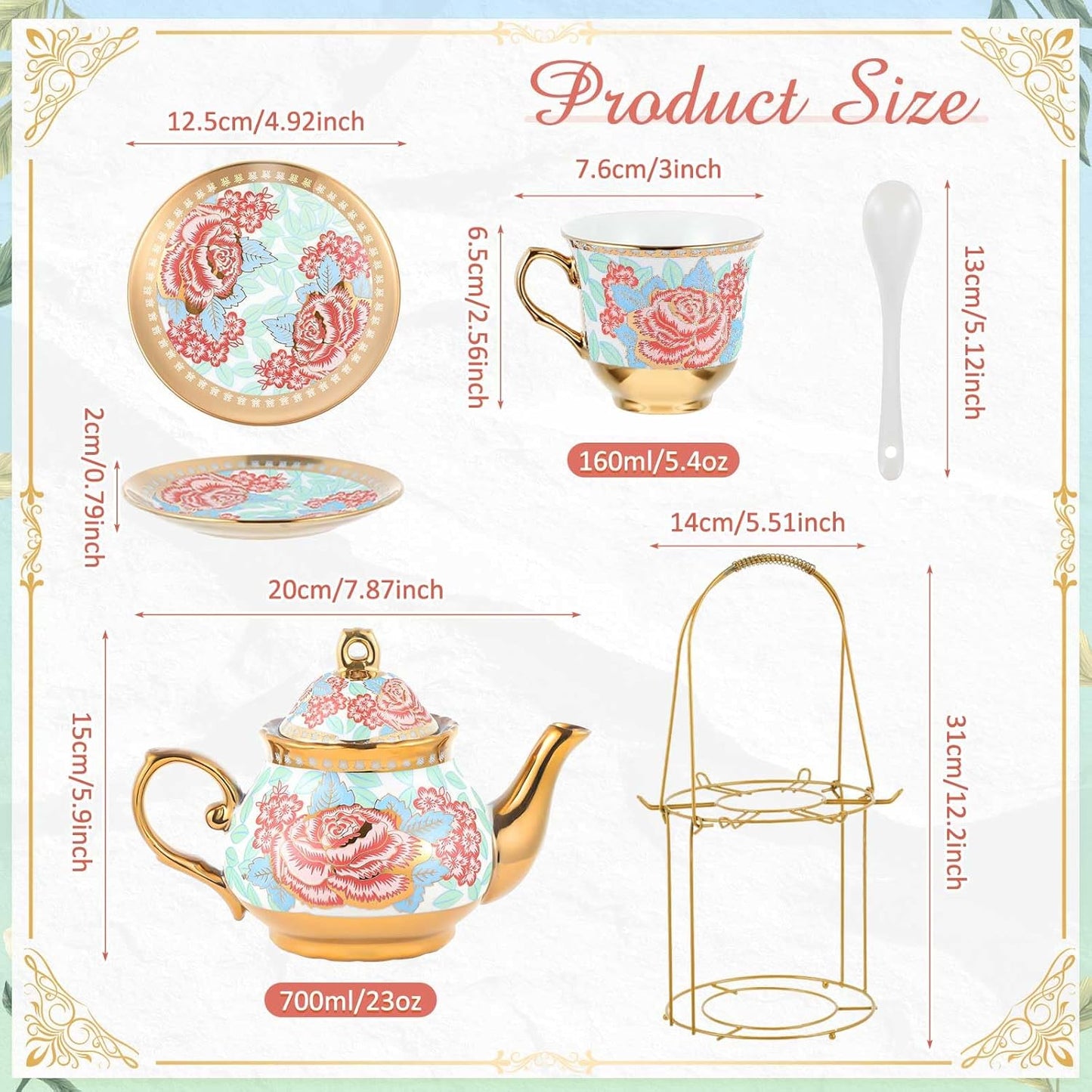 Zhehao 20 Pcs Porcelain Tea Set with Metal Holder and Spoon Adult Ceramic Tea Party Set European Flower Painting Teapot Cup Saucer Spoon Set for Women, Large Version(Vintage Style)