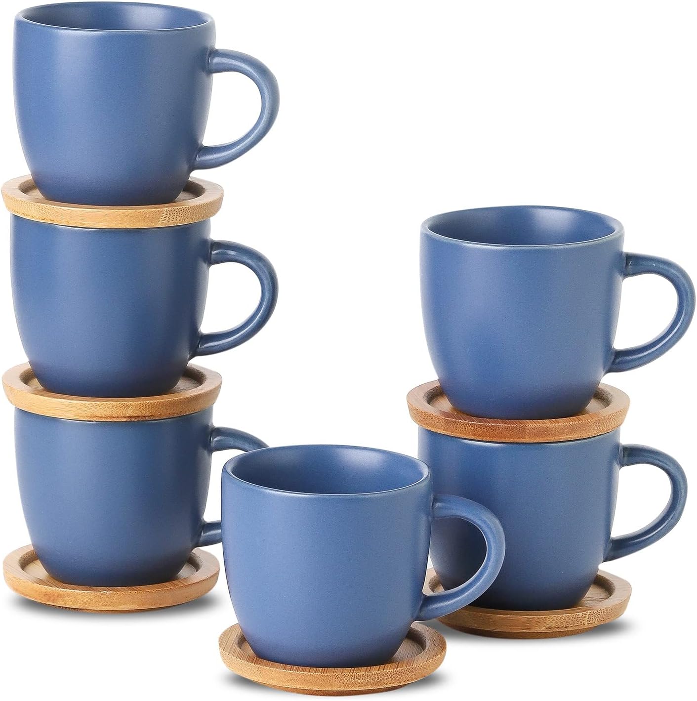 Hasense Espresso Cups and Saucers Set of 6, Demitasse Cups with Handle for Coffee Drinks, Latte, Cappuccino, Cafe Mocha and Tea, 4 Ounce Porcelain Coffee Cups for Coffee Bar Home and Party, Blue