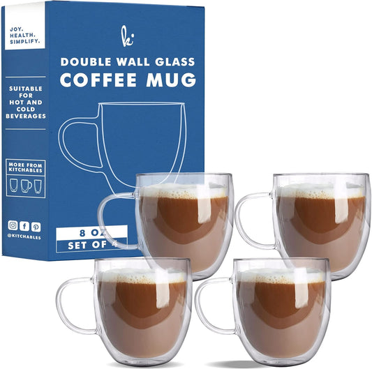 Kitchables Double Walled Glass Coffee Mugs Set of 4, 8oz - Insulated Glass Coffee Mugs for Cappuccino, Latte, Tea, Espresso - Latte Cup - Tazas Para Cafe
