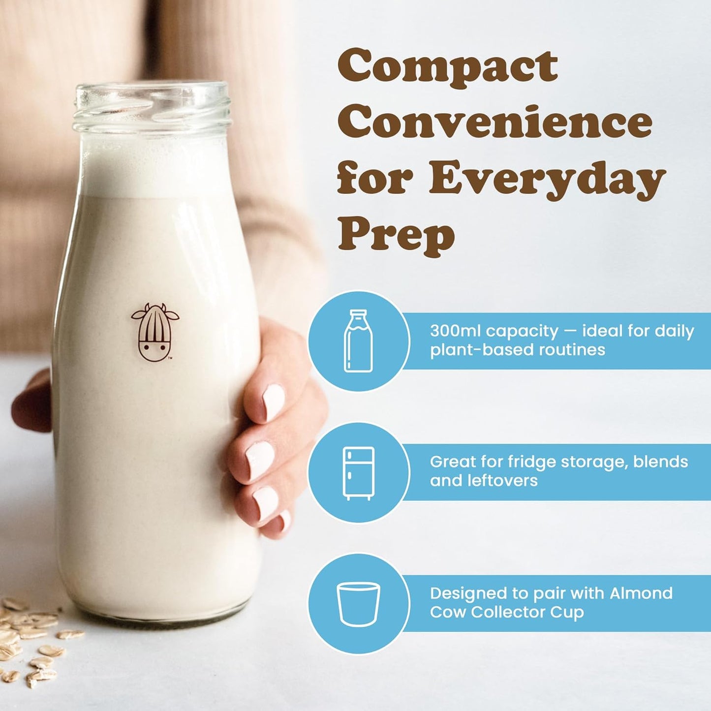 Almond Cow 300ml Glass Jar with Rust-Resistant Aluminum Cap - Reusable, Eco-Friendly Storage for Plant-Based Milk, Creamers, Wellness Shots, and Ingredients - Minimalist, Vintage-Inspired Design