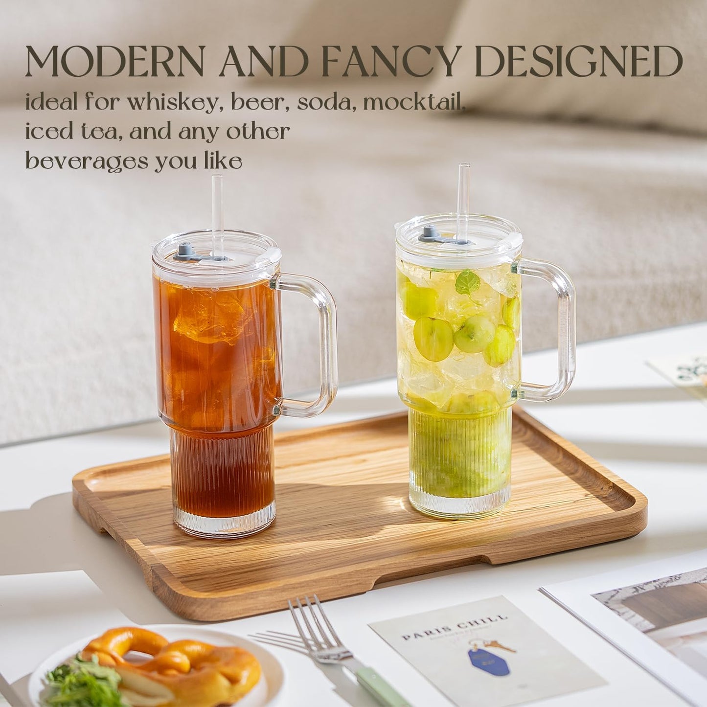 KEMORELA 2-Pack 26oz Ribbed Glass Tumblers with Handle and Lid – Large Aesthetic Iced Coffee Cups with Straws, Modern Textured Glass Mugs for Smoothies, Tea, Juice & Cold Beverages, Dishwasher Safe