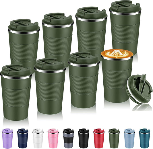 Volhoply 13 oz Stainless Steel Insulated Travel Coffee Mug with Fip Lid Bulk 8 Pack,Reusable Double Wall Vacuum Metal Coffee Cup,Portable Leak Proof Thermal Tumbler for Hot & Cold Drinks(Army Green,8)
