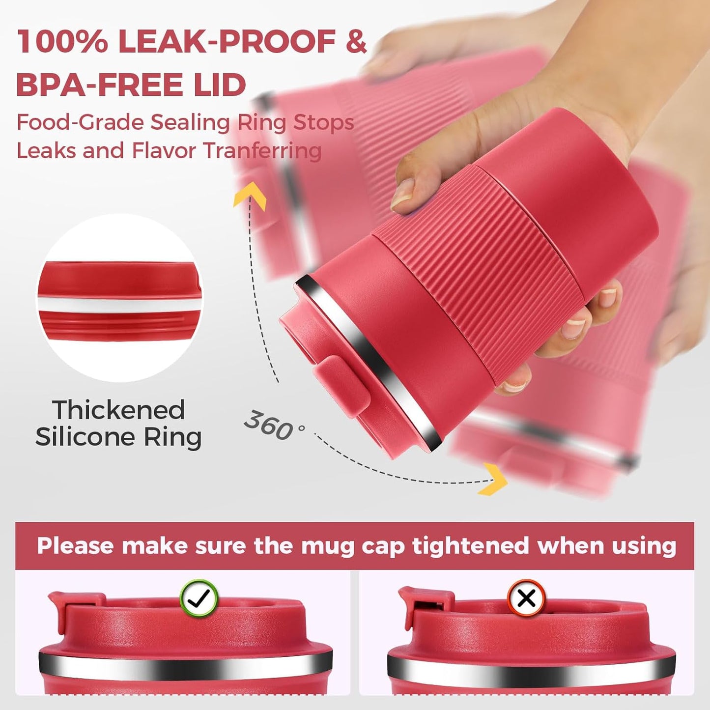 Volhoply 13 oz Stainless Steel Insulated Travel Coffee Mug with Fip Lid Bulk 8 Pack,Reusable Double Wall Vacuum Metal Coffee Cup,Portable Leak Proof Thermal Tumbler for Hot & Cold Drinks(Red,8)