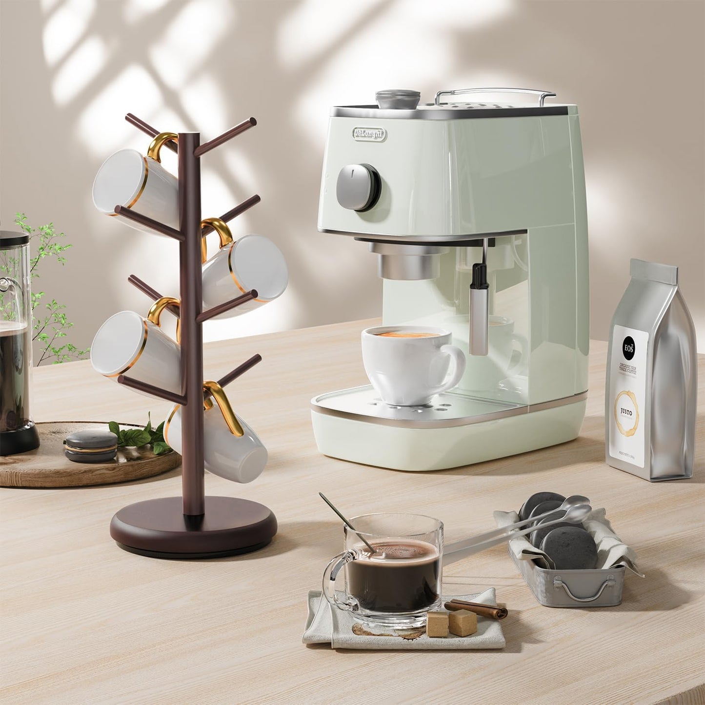 BAMBANG Mug Holder Tree, 360° Rotating 8 Hooks Coffee Cup Holder for Counter, Bamboo Coffee Mug Rack Standing for Kitchen Countertop Home, Espresso