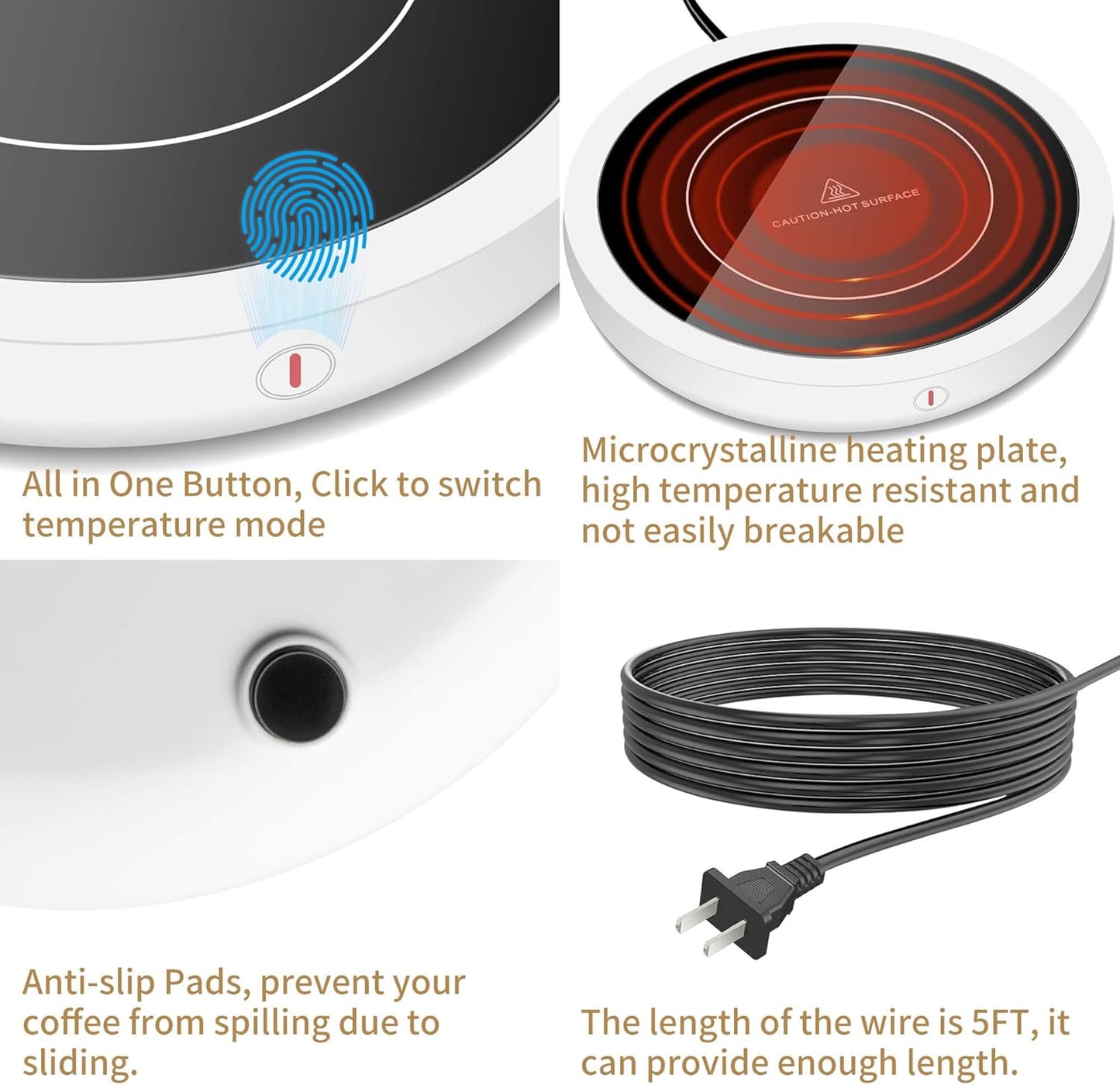 Coffee Mug Warmer for Desk 4H Auto Shut Off, Smart Coffee Cup Warmer with 3 Temperature Setting, Electric Mug Warmer Plate for Coffee, Milk, Tea (White)