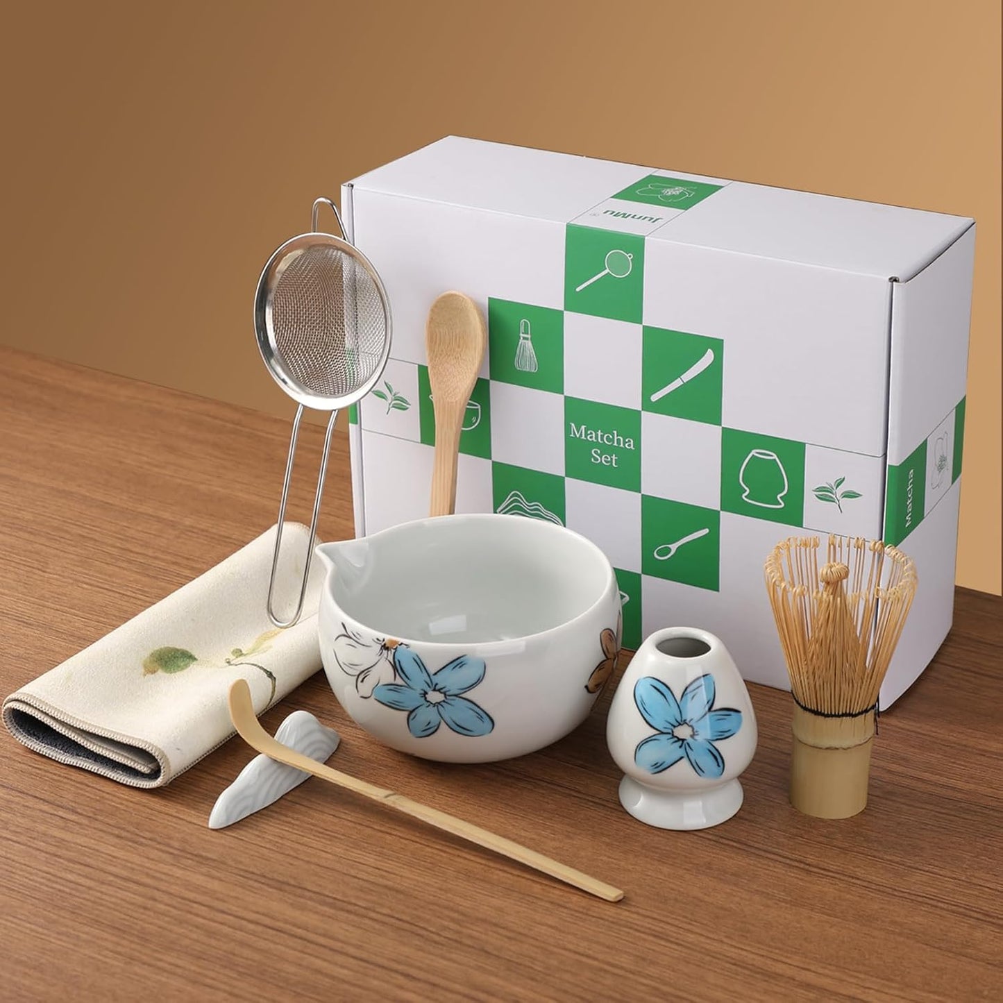 Matcha Whisk Set Cute,8pcs Matcha Set Whisk And Bowl,Matcha Kit Set With Bamboo Whisk,Ceramic Matcha Bowl,Sifter,Scoop,Holder,Towel,Stand,Spoon,Unique Gift for Japanese Matcha Tea Lover