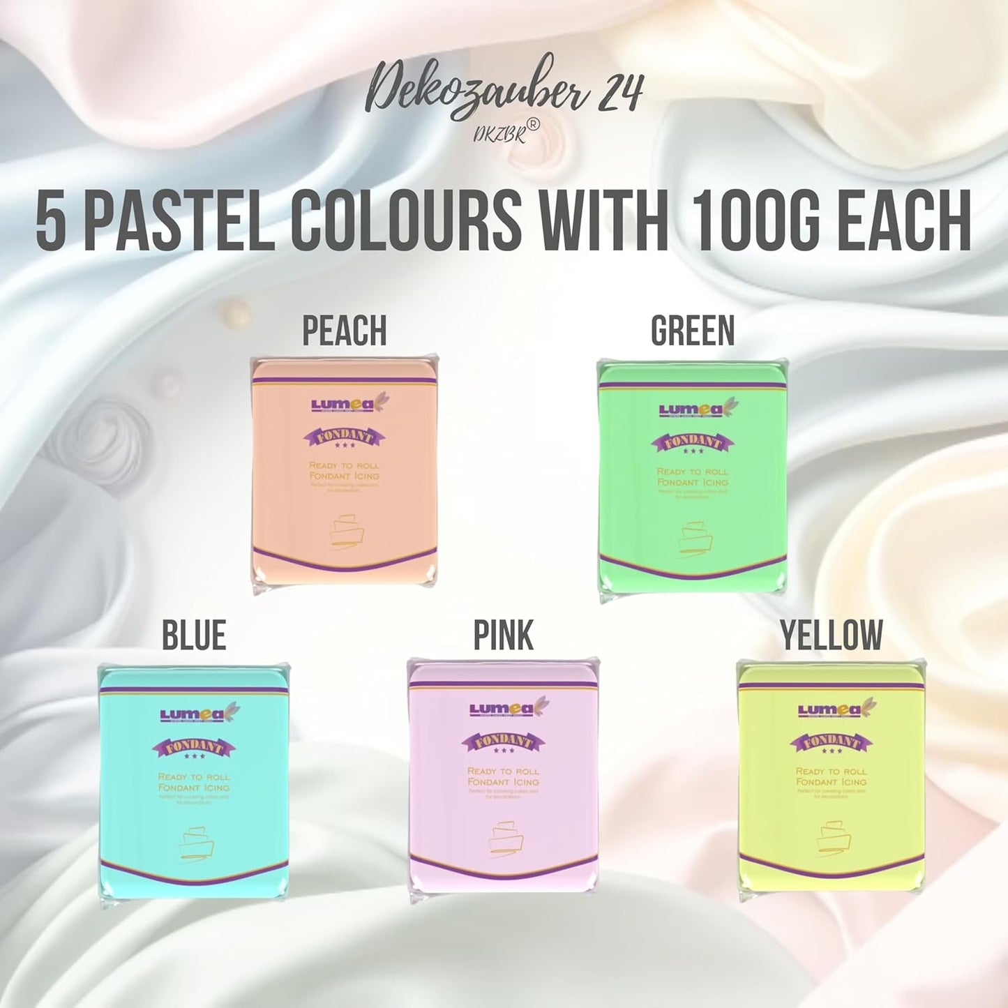 Dekozauber24 Fondant icing multipack, 5 pastel colors, 3.5oz (100g) rolled fondant per color, for cakes, cupcakes and figurines in pastel colored green, blue, pink, peach and yellow (PASTEL)