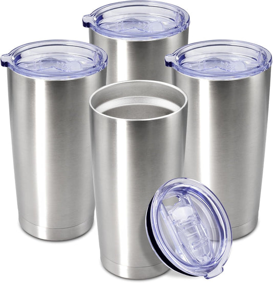 20 oz Tumbler Coffee Tavel Tumblers Bulk with Lid Stainless Steel Double Wall Vacuum Insulated Mug Powder Coated Cups fit Car Cupholder for Hot and Cold - Stainless Steel, 4Pack