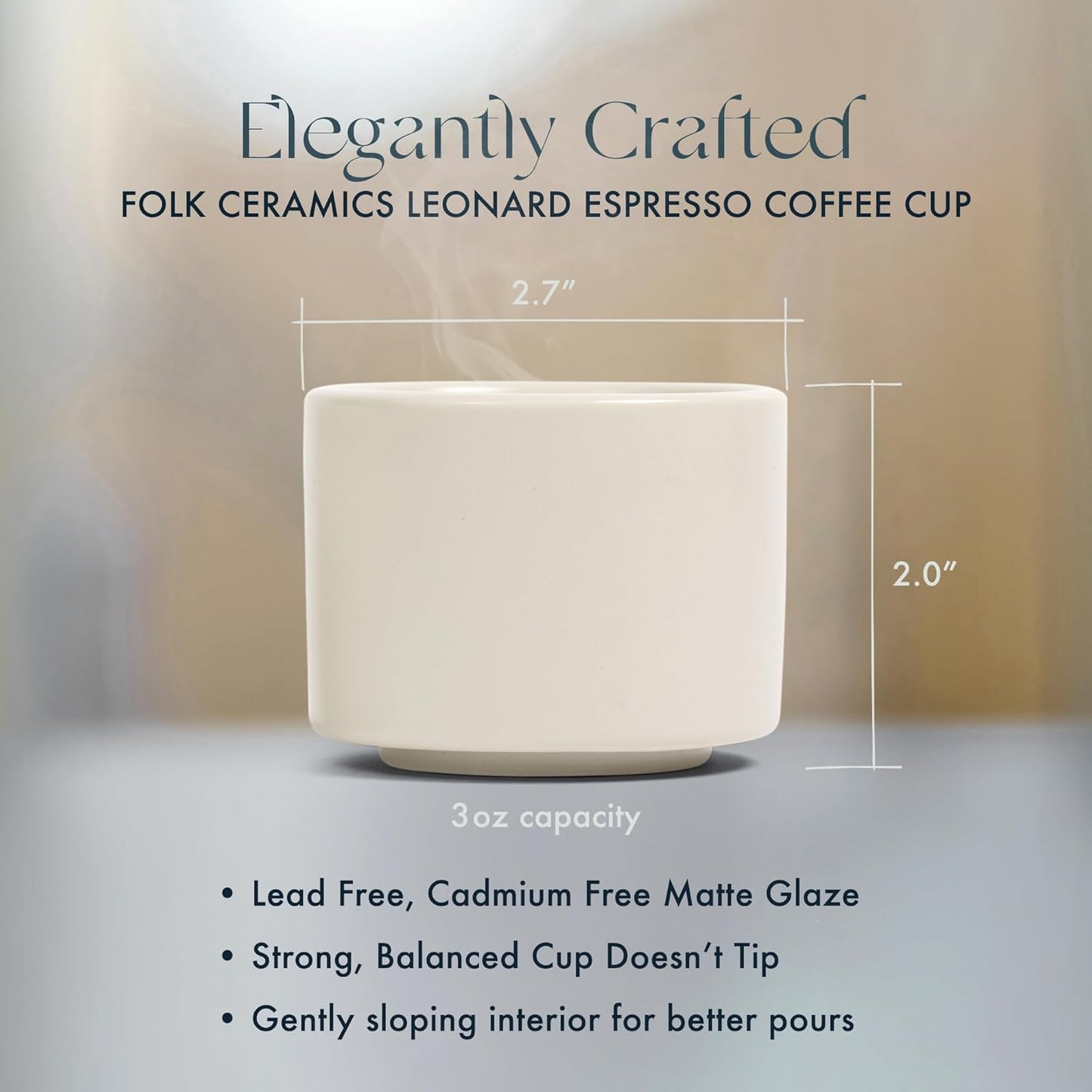 Folk Ceramics Leonard Ceramic Espresso Cups | Modern Stackable Demitasse Mugs for Espresso | Thick Walled, Handleless, Durable, Dishwasher & Microwave Safe | Set of 2, 3oz | Fog Grey