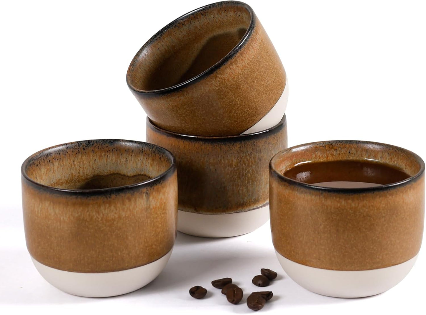 Ceramic Espresso Cups Set of 4, Double Walled Espresso Coffee Mugs for Nespresso Cups, Special glazed Demitasse Cups Expresso Coffee Cup for Espresso Machine (Brown)