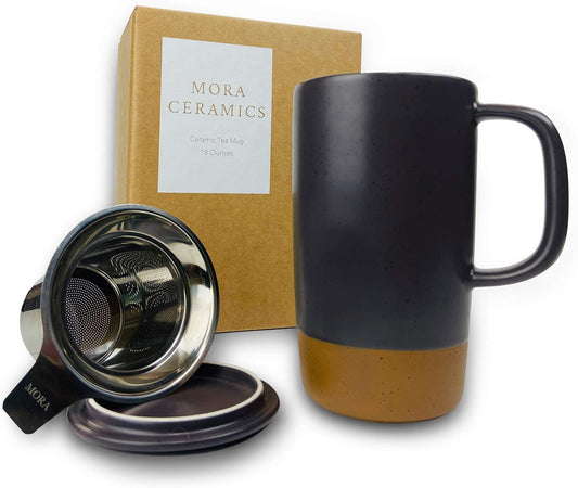 Mora Ceramics Large Tea Mug with Loose Leaf Infuser and Ceramic Lid, 18 oz, Portable, Microwave, Dishwasher Safe, Tall Coffee Cup - Rustic Matte Ceramic Glaze, Modern Herbal Tea Strainer, Nightwaves