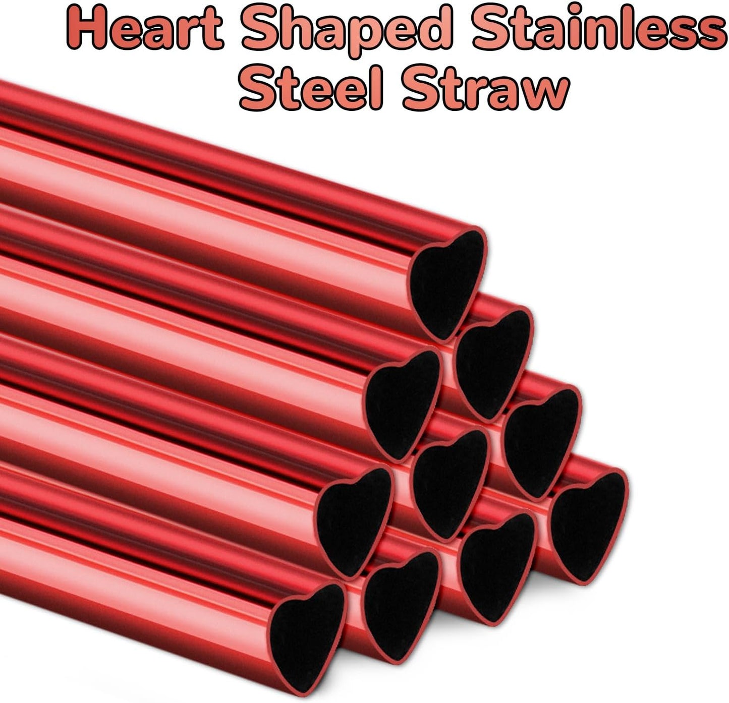 NiHome 10-Pack Heart-Shaped Stainless Steel Drinking Straws with 2 Cleaning Brushes, 12" Long Reusable Straws for Stanley Tumbler 30oz 40oz, Dishwasher Safe, Safe Edges for Kids (Pearl Red)