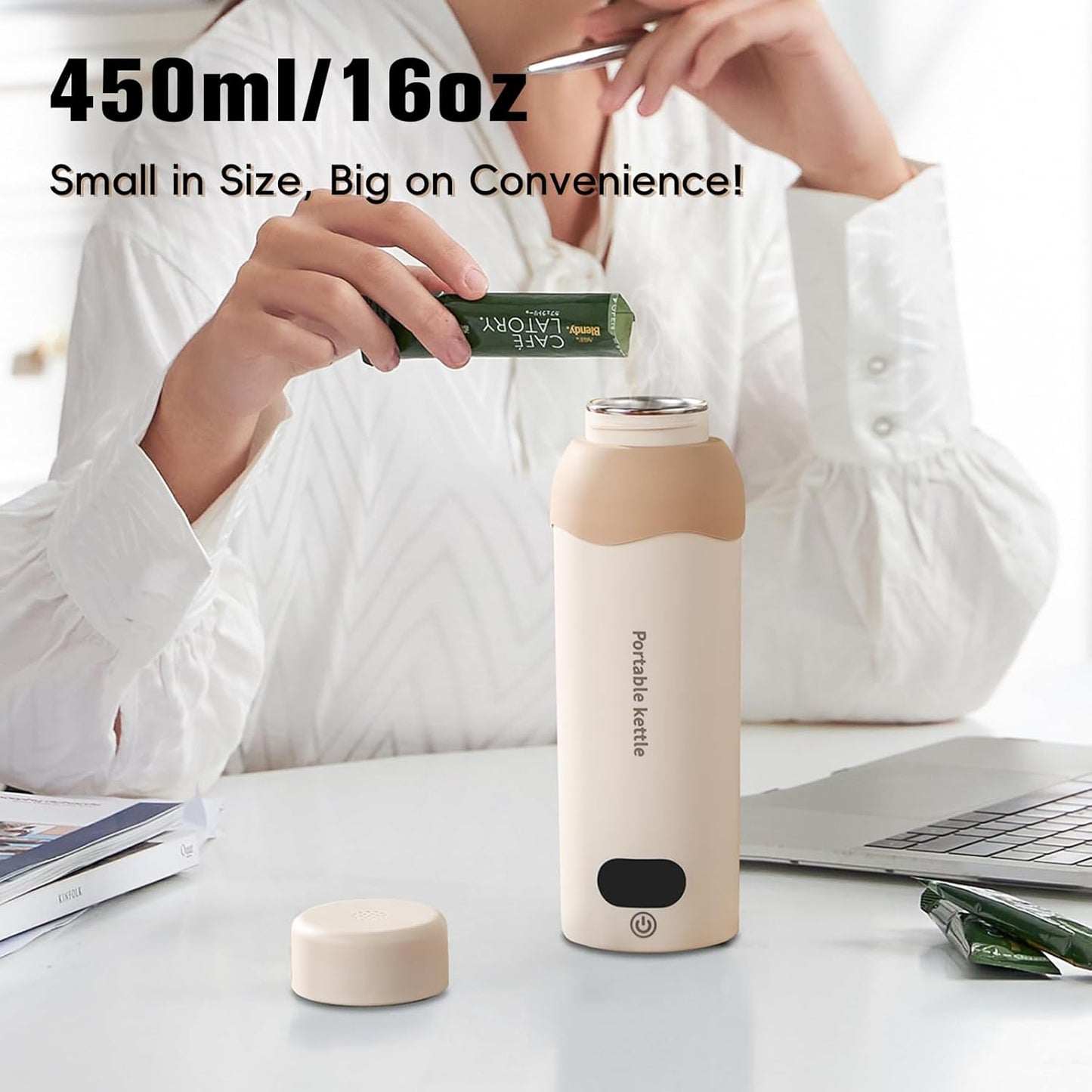 Travel Electric Kettle 304 Stainless Steel Portable Water Heater 450ml Plug in Small Water Boiler with Storage Bag