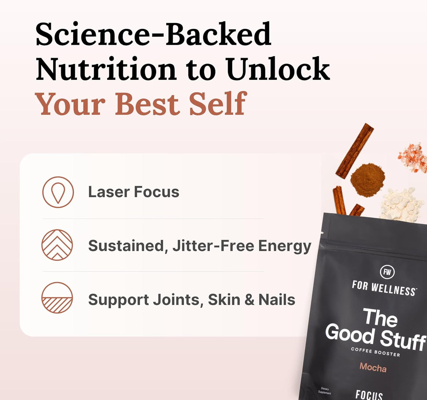 For Wellness The Good Stuff Focus – Mocha Coffee Booster | Nootropic Collagen Creamer with MCTs for Focus, Energy & Wellness | Non-Dairy, Keto-Friendly, 30 Servings