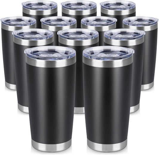 20 oz Tumbler Stainless Steel Tumblers Bulk with Lid Double Wall Insulated Coffee Tumbler Cups for Hot & Cold Drinks Powder Coated Travel Coffee Tumbler Mug Metal (Black, 12 pack)