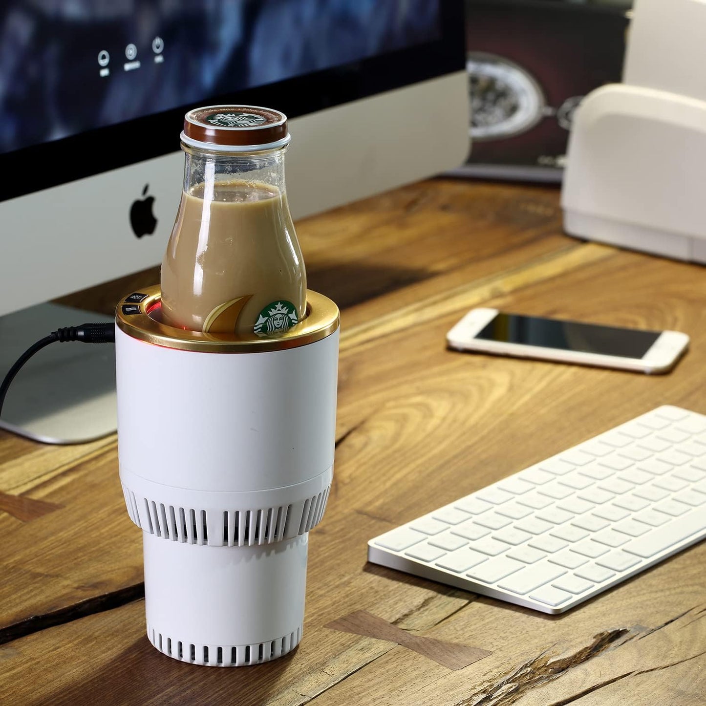 Car Cup Holder with Drink Cooler Smart Mug Warmer 2-in-1 Car Tumbler Holder (White with Gold)