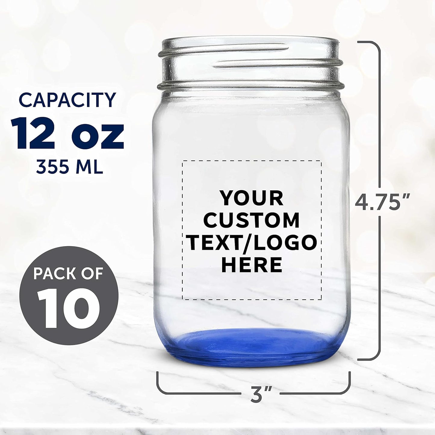 DISCOUNT PROMOS Custom Decorating Mason Jars 12 oz. Set of 10, Personalized Bulk Pack - Glass Jars for Overnight Oats, Candies, Fruits, Pickles, Spices, Beverages - Blue