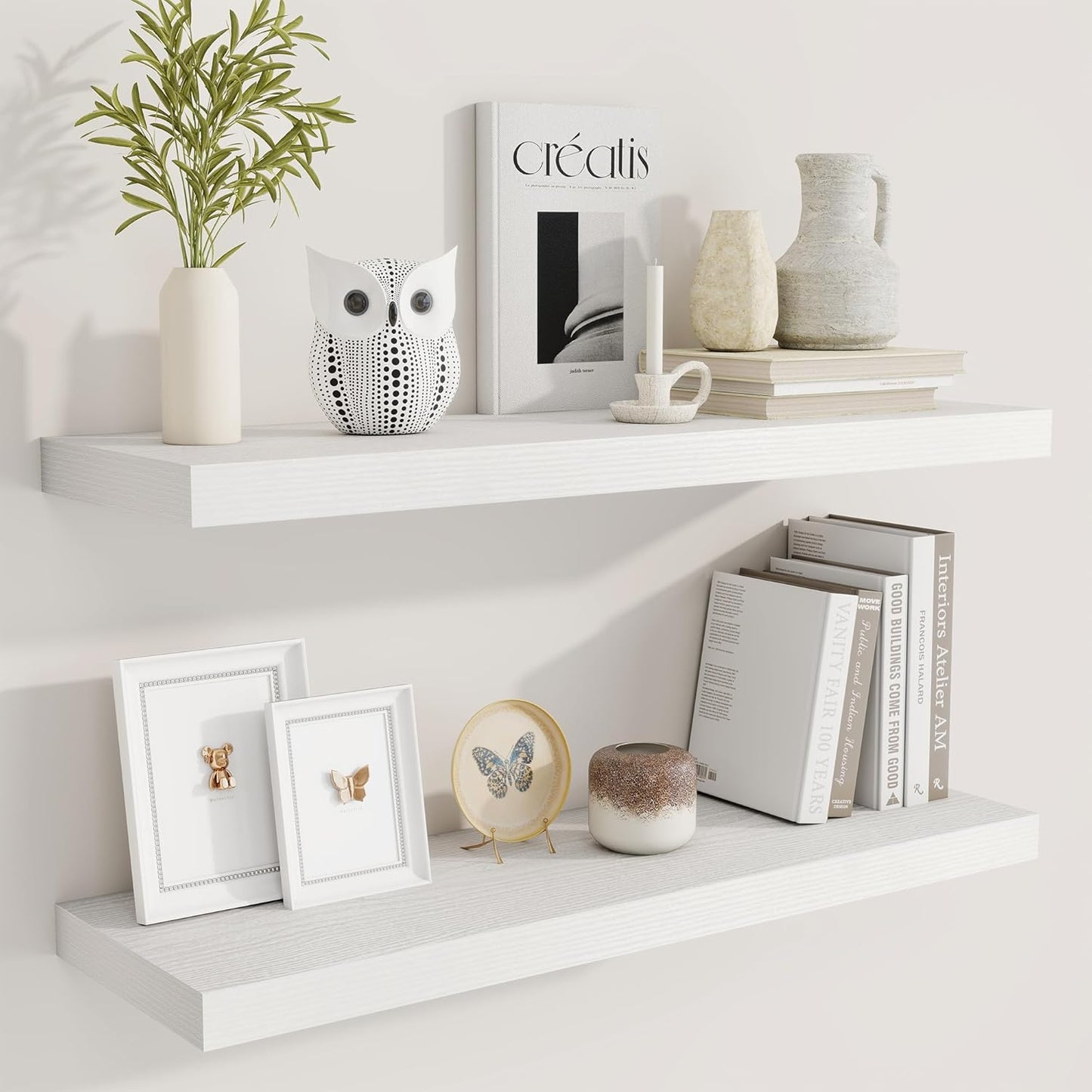 Fun Memories 32 Inch Floating Shelves for Wall, 9 Inch Deep White Rustic Wood Wall Mounted Shelves for Bathroom, Bedroom, Living Room, Set of 2