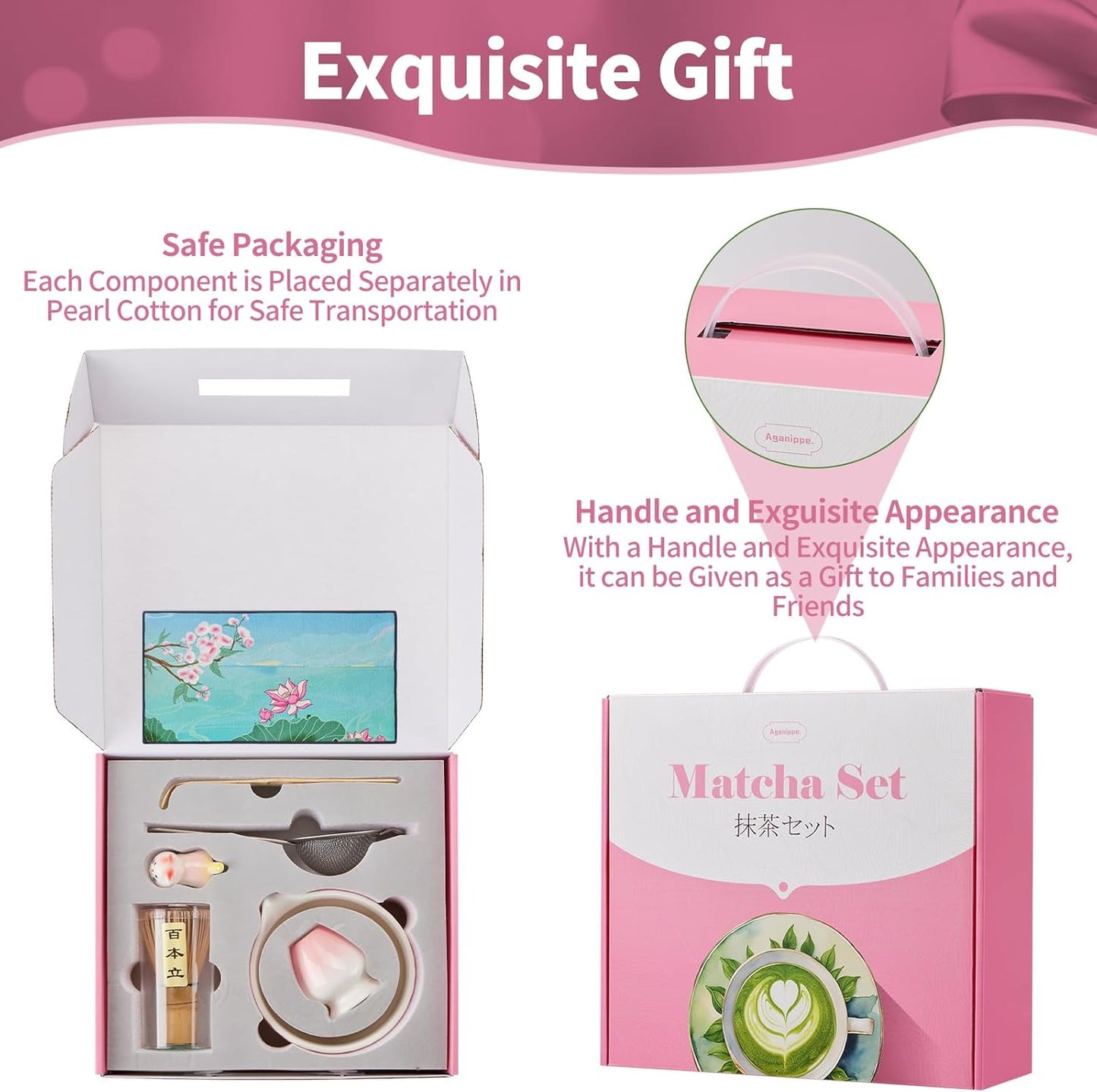 7 Pcs Matcha Whisk Set, Matcha Set Pink,Matcha Kit,Matcha Tea Set,Matcha Bowl Set with Pink Cat Scoop Holder, Tea Cloth, Sifter(Gradient Pink)