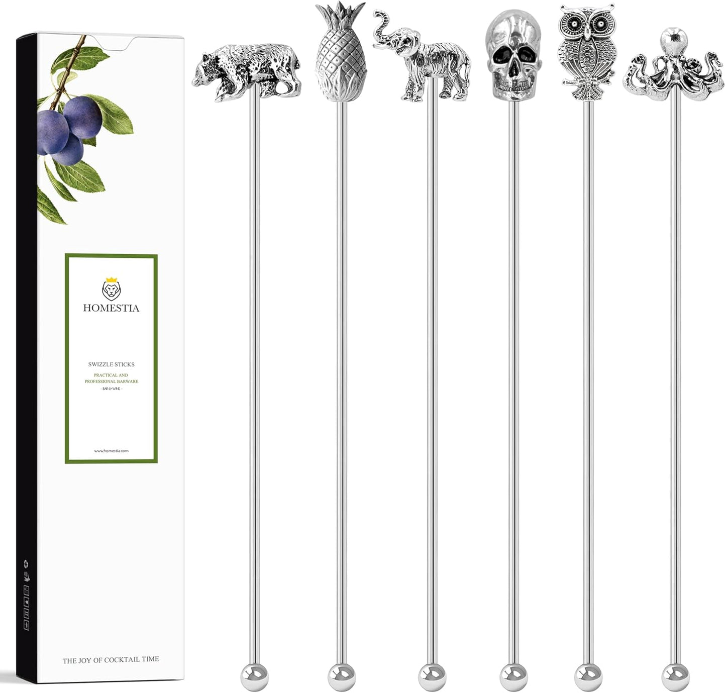 Homestia Stainless Steel Coffee Stirrers Sticks, 7.5" Zinc Alloy Head Cocktail Drink Stirrers Swizzle Sticks Picks Tools, 6PCS Reusable Beverage Stir Sticks for Chocolate Milk Juices (Animal Design)