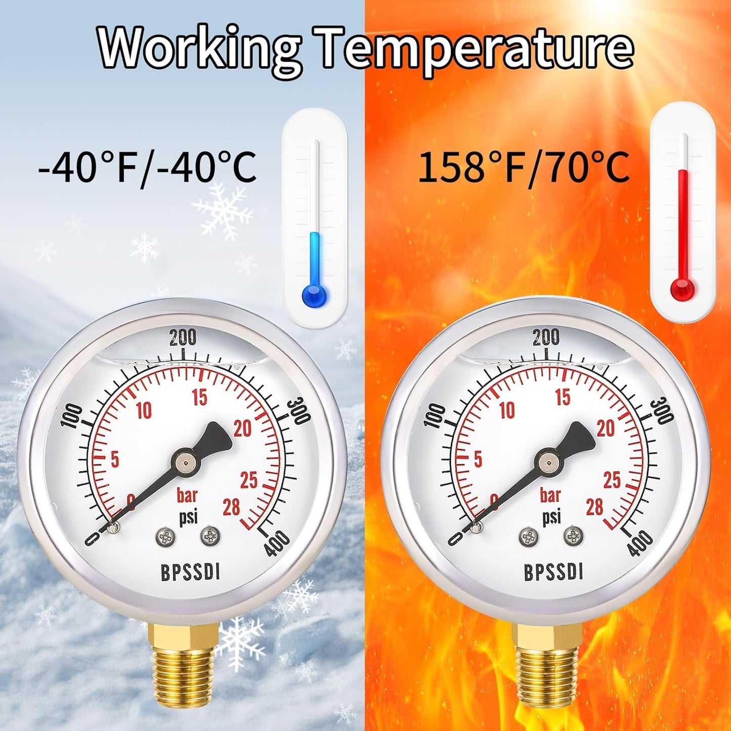 0-400 Psi Glycerin Liquid Filled Pressure Gauge, 2.5" Dial Size, 1/4" NPT Lower Mount, 304 Stainless Steel Case, for Pool Pump Sand Filter Air Compressor, Water Oil Air Pressure Test