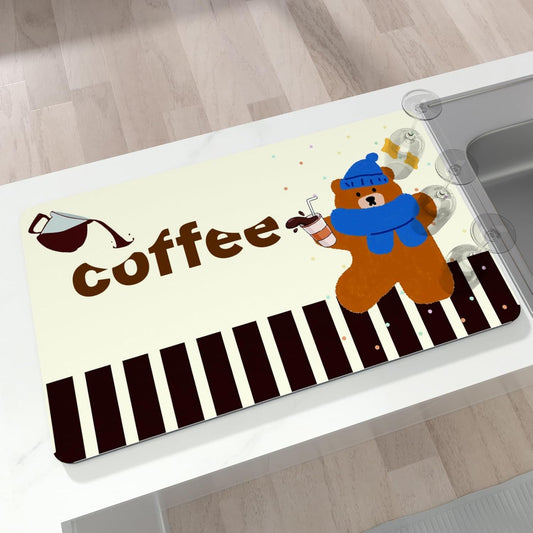 Dish Drying Mat 16" X 24", Super Absorbent & Cuttable Coffee Mats for Countertop, Kitchen Counter Mat Fits Under Coffee Maker or Machine, Hide Stain Drying Pad for Dish Drying Rack, Bear Coffee