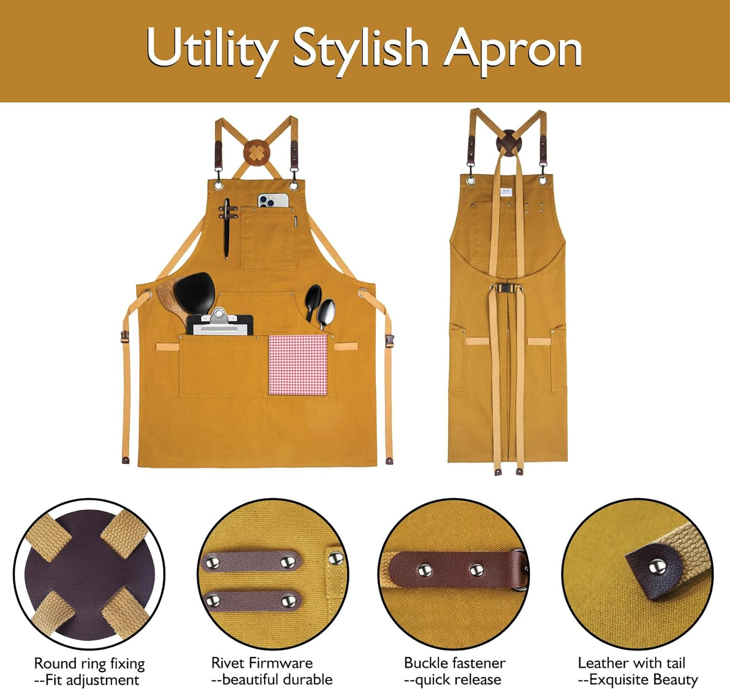 Kitchen Apron, Work Apron, Canvas, Multiple Pockets, Gardening, Painting, BBQ, Artist, Carpenter, Sizes M to XXL, Khaki