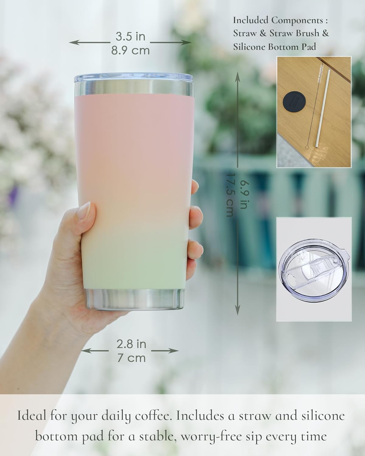 Travel Coffee Tumbler 20oz, 1 Pack Leakproof Travel Coffee Mug with Lid and Straw, Stainless Steel Double Wall Vacuum Insulated Tumbler for Hot/Iced Drinks (Textured Matte, Pink/Mint Green)