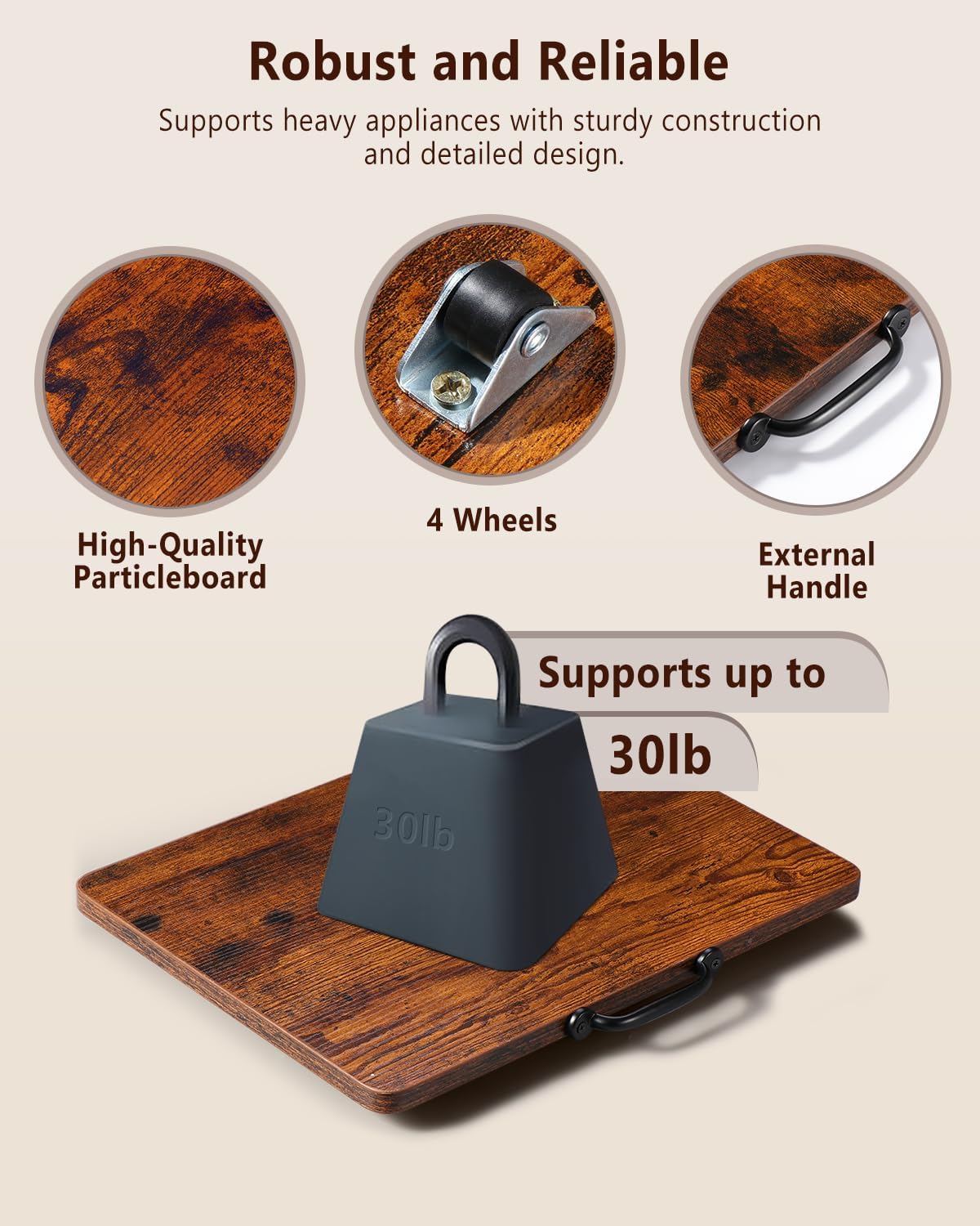 Appliance Slider, Sliding Tray for Coffee Maker, Coffee Pot Slider for Countertop, Kitchen Appliance Rolling Tray with Rubber Wheels (Rustic Brown, Medium - Wide (13” x 9.5”))