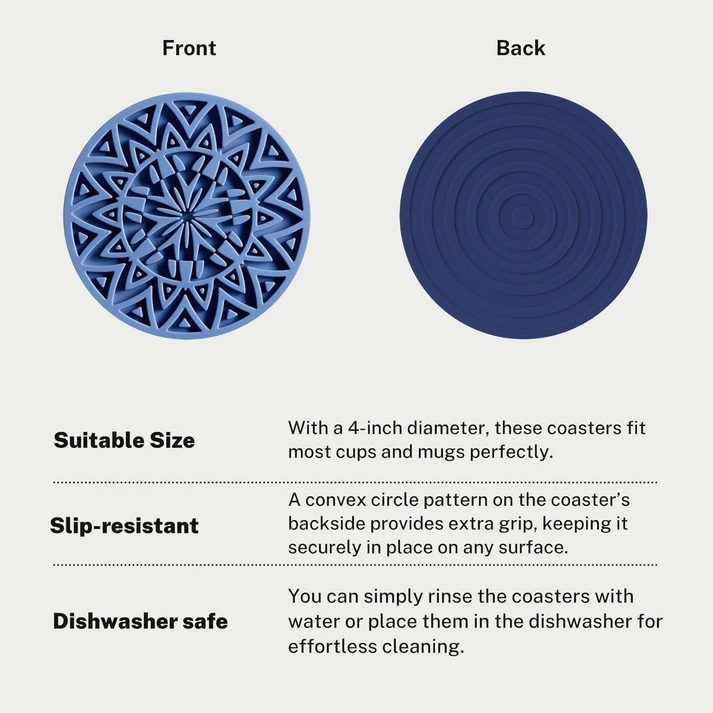 Set of 6 Navy Silicone Coasters with Holder, Drink Coasters with Tribal Pattern Shape- for Table Protection, Anti Slip, Nonstick, Heat Resistant, Deep Tray