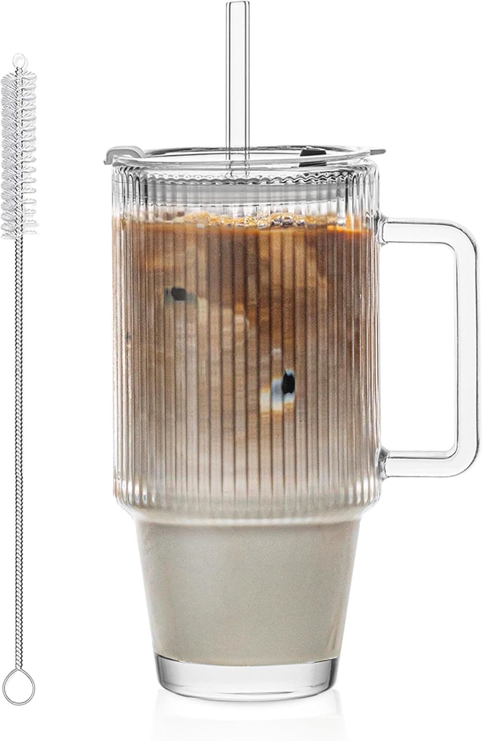 KEMORELA 24 Oz Ribbed Glass Tumblers with Lids and Straws, Tumbler Cup with Handle, Iced Coffee Glassware, Clear Reusable Drinkware for Smoothies and Beverages (1)
