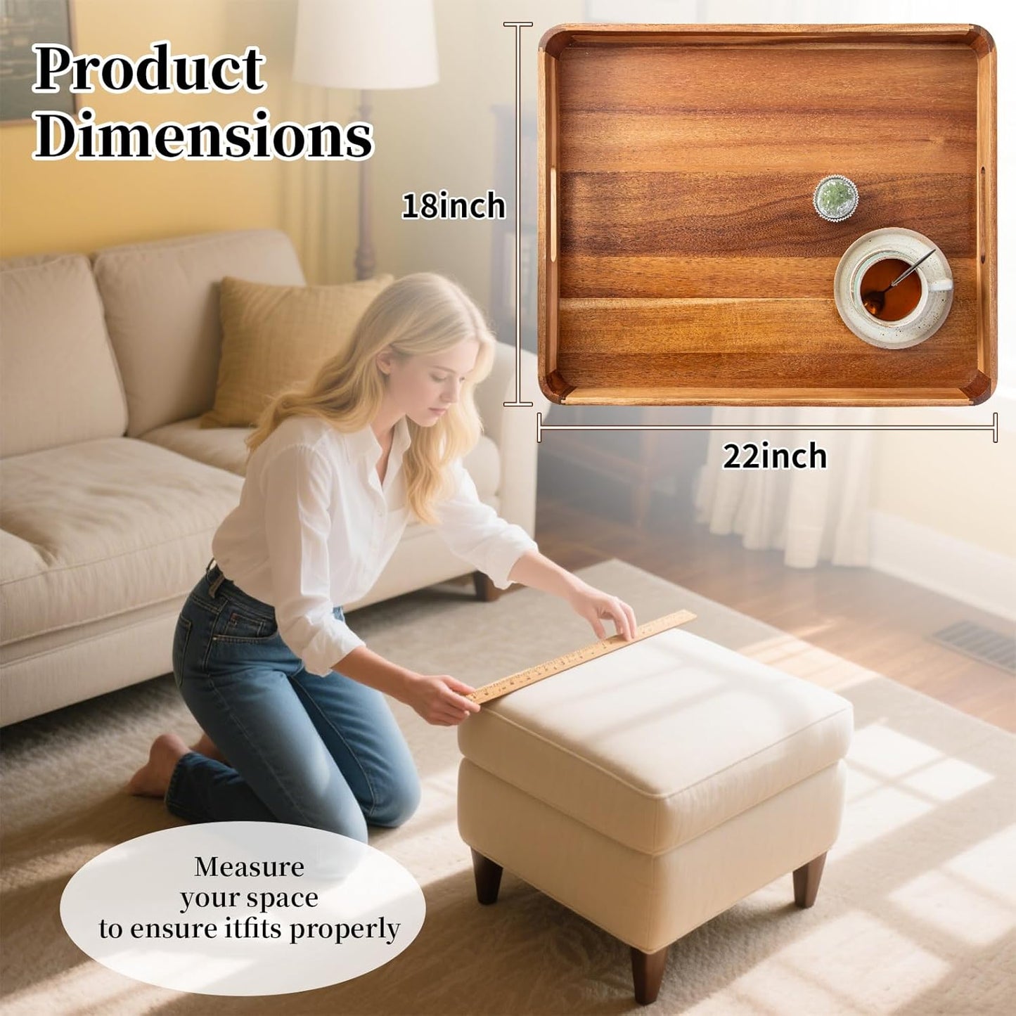 Wooden Serving Tray with Handles,Rustic Ottoman Tray for Kitchen Counter/Coffee Table/Living Room Decor,Versatile Tray for Party Picnic Barbecue