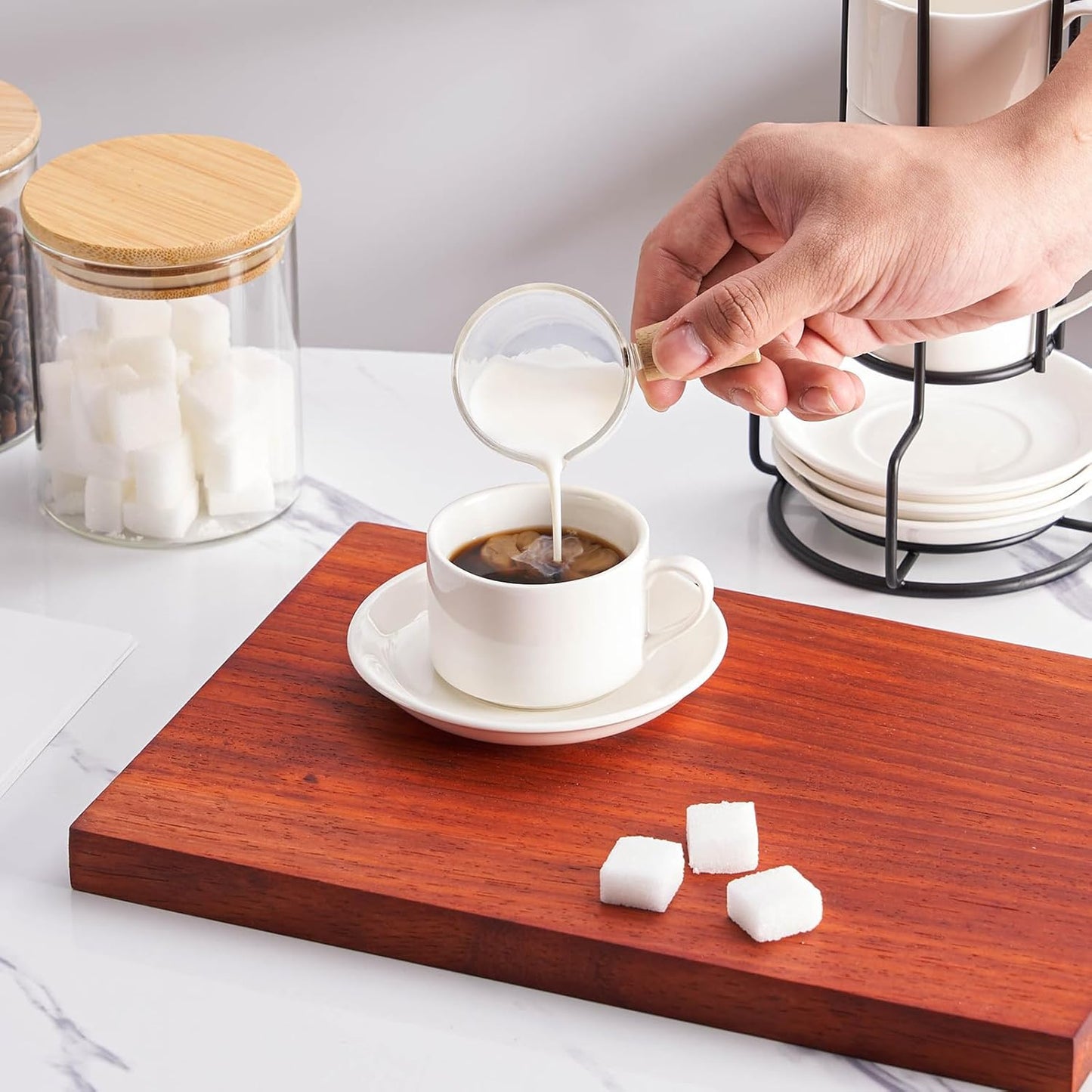 8oz Porcelain Stackable Cappuccino Cups with Saucers and Metal Stand Set of 4, Coffee Cups for Espresso, Specialty Coffee Drinks, Latte, Americano and Tea - White