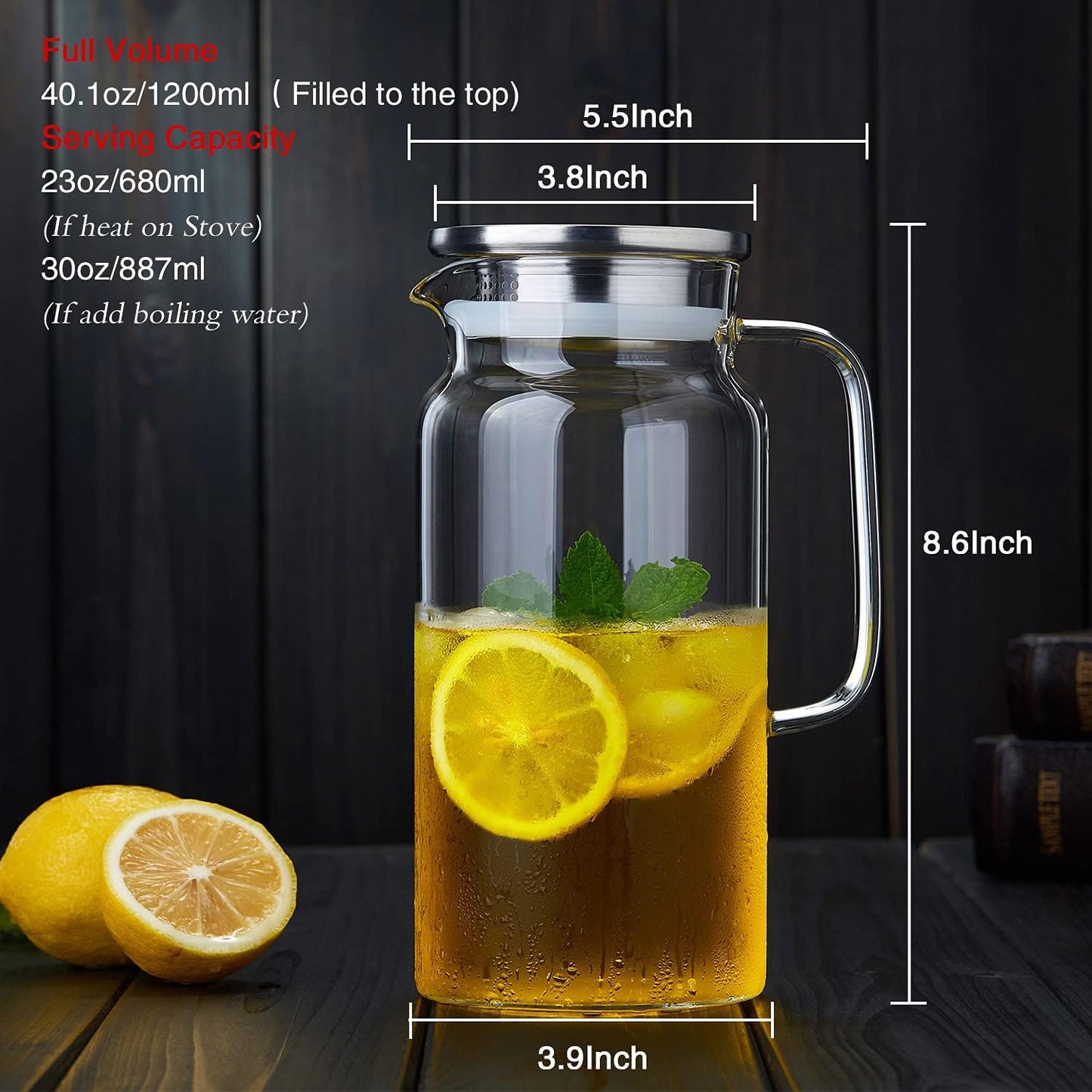 42OZ Glass Pitcher with Lid and Spout, Water Jug, 1250ml Carafe for Hot/Cold Water, Large Iced Tea Pitcher for Coffee, Juice and Homemade Beverage