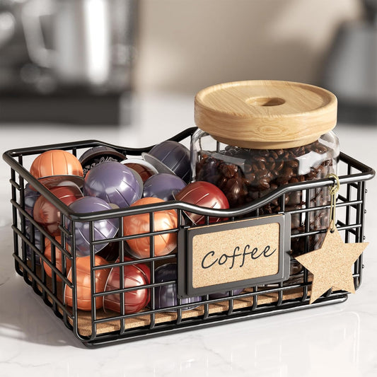 Coffee Pod Holder for Counter and Bar - Large Capacity Black Wire Storage Organizer With Cork Liner - Bar Accessories
