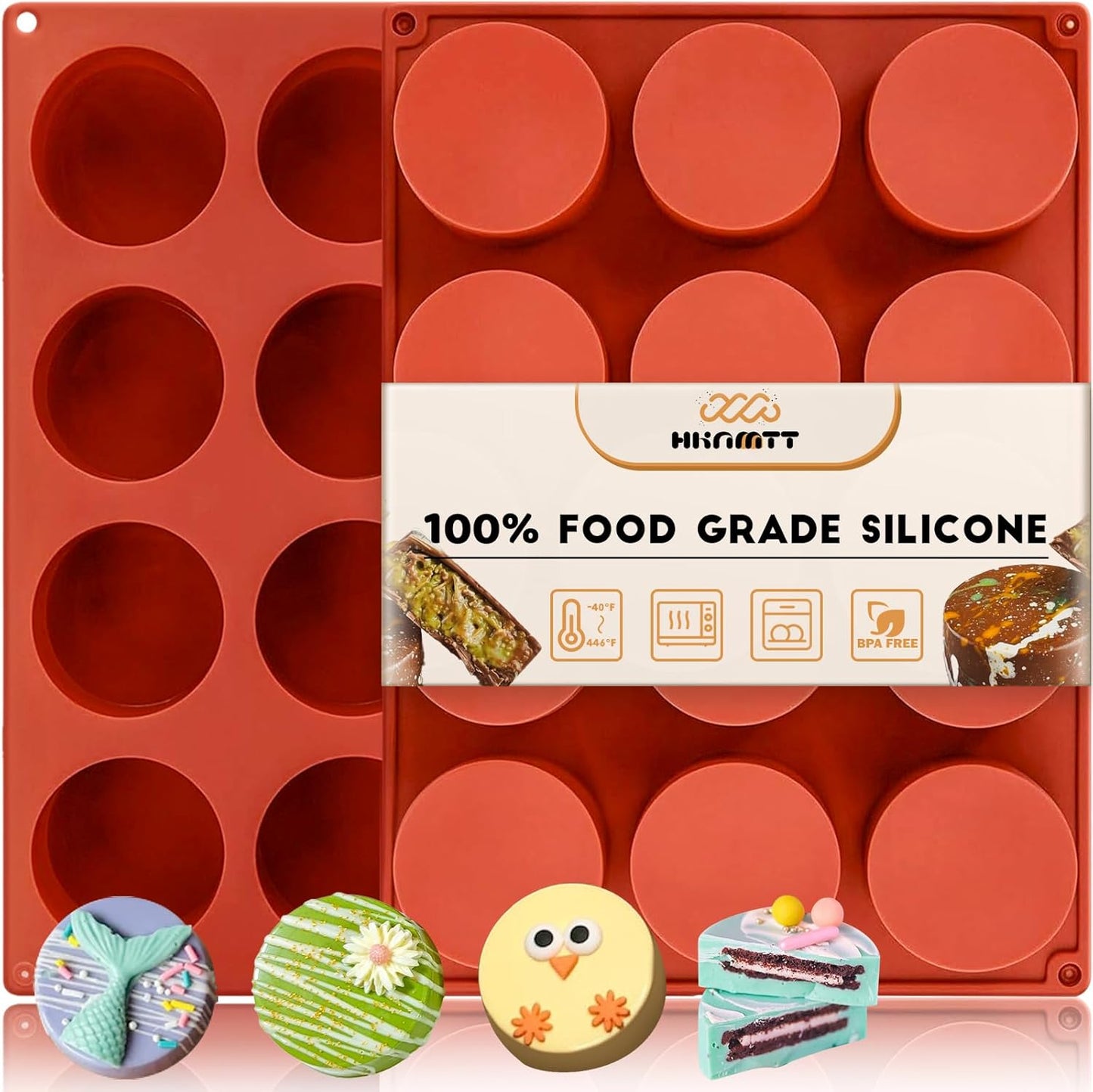 HKNMTT Round Silicone Molds 2 PCS, 12-Cavity 2.1" Cylinder Chocolate Covered Cookie Mold, Food Grade Non-Stick Baking Moulds Compatible Oreos Candy Handmade Soap Pudding Jello Mini Cake Jelly Brownie