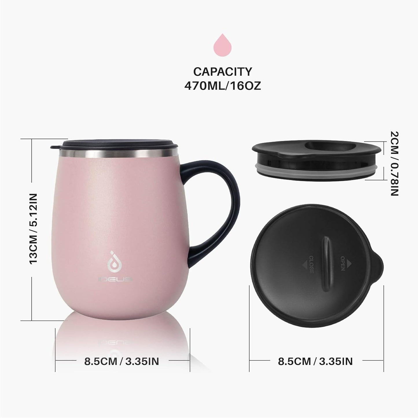 Ideus 16 oz Insulated Coffee Mug with Handle and Lid, Double Wall Stainless Steel Vacuum Thermal Coffee Mug, Travel Coffee Cup Thermal Cup for Home and Office, Sakura Pink
