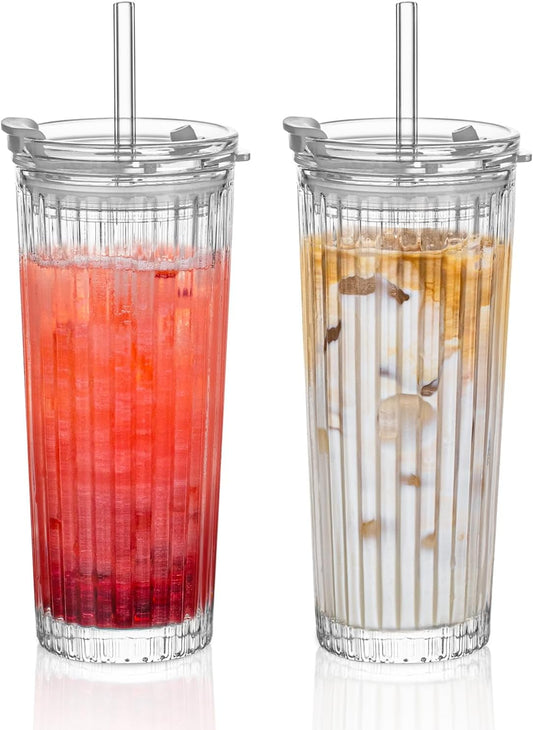 KEMORELA Ribbed Glass Tumbler with Straw and Lid – 18oz Durable Leak-Proof Drinking Cup for Hot and Cold Beverages – Stylish Design, Ideal for Iced Coffee, Smoothies, and More (2PCS-A)