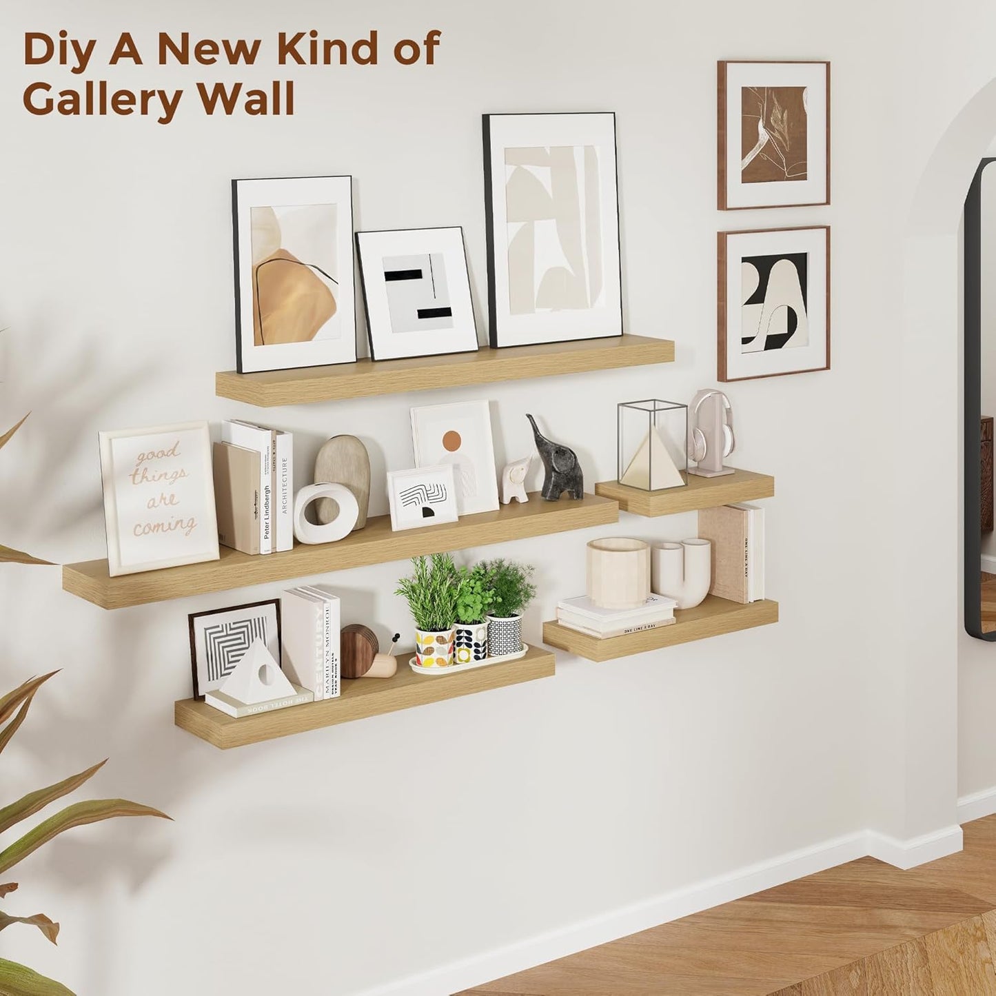 Heimlove 16 Inch Floating Shelves for Wall Oak Shelves Set of 2,Wall Mounted Rustic Wood 8 Inch Deep Floating Shelf with Invisible Brackets for Bedroom Kitchen Living Room