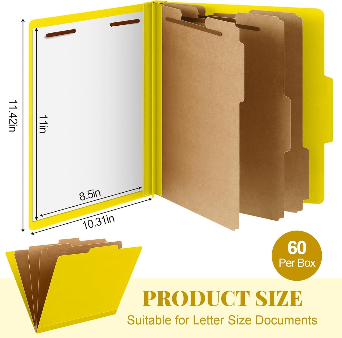 60 Pcs Classification Folders Letter Size, Back to School Supply for Teacher, Student, 3 Dividers Pressboard File Folder Bulk with 2 Fasteners, 3.5 Inch Expanding File Organizer (Yellow)