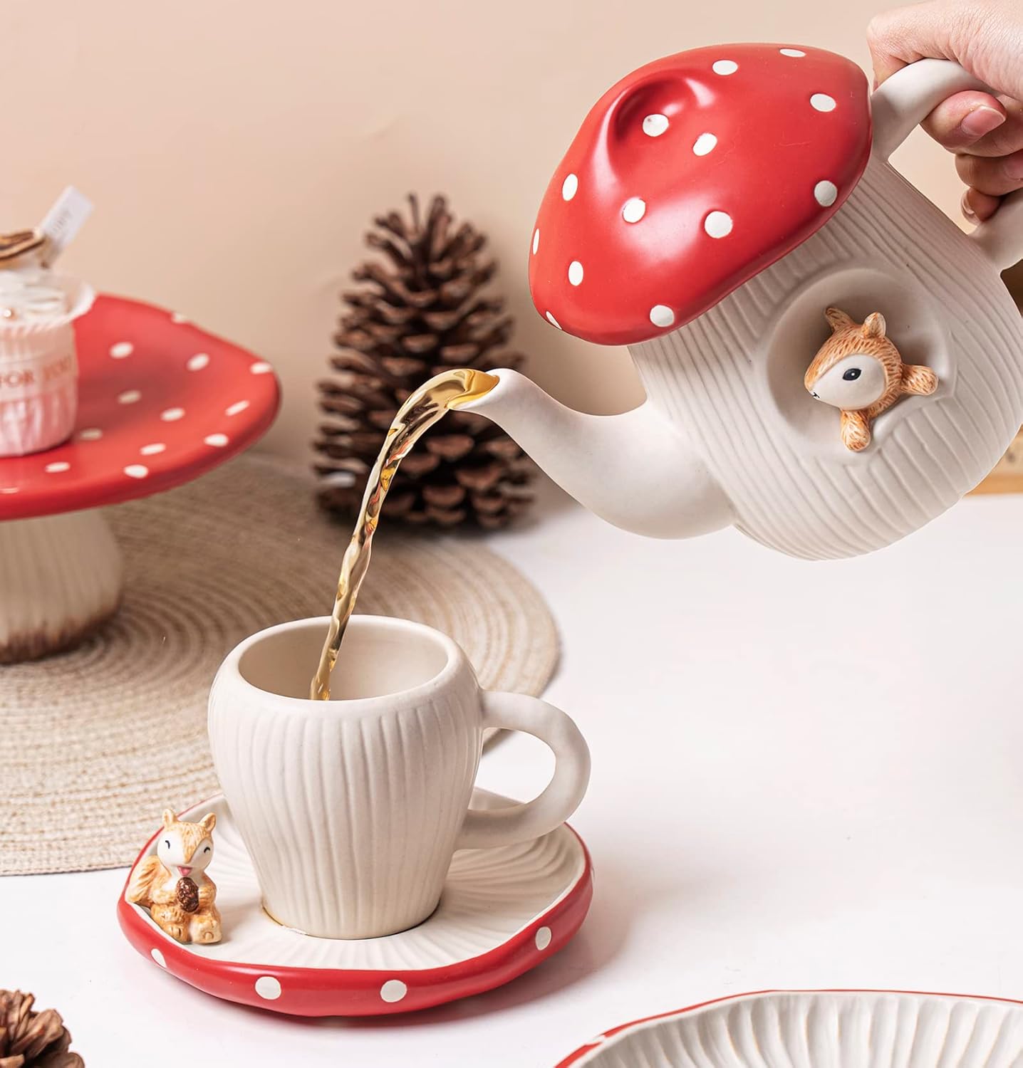 Cute Mushroom Teapot, Handmade Glaze Polka Dot Lid, Safety Matt Ceramic Tea Pot, With squirrel decoration. 23 oz / 680 ml. Best Gifts for Women & Girls.