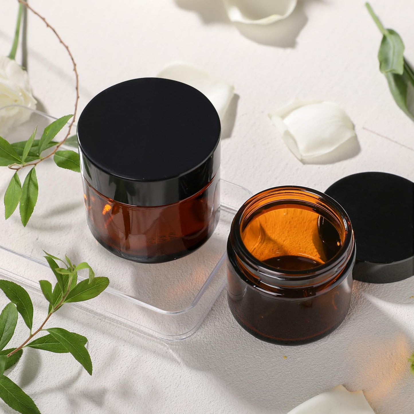 1 oz Glass Jars with Lids,3 Pack Clear Small Glass Cosmetic Jars with Lids,60 ml Empty Glass Makeup Containers for Sample, Cream, Lotion,Powder (1 OZ, Amber)