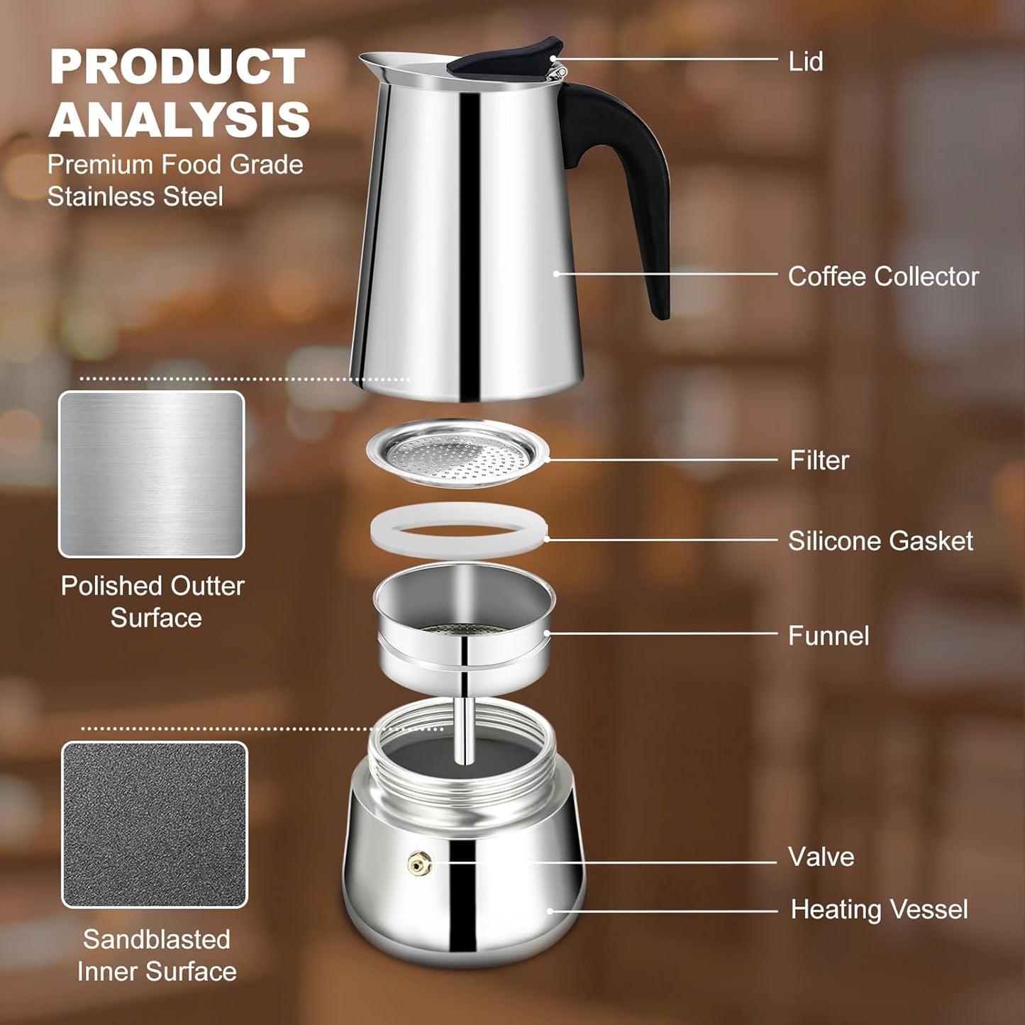 12 Cup Stovetop Espresso Maker Stainless Steel Moka Pot Stove Top Percolator Italian Coffee Makers Capable Mocha Greca Machine Cafe Classic Induction Cookers for Home and Camping 600ml 20oz