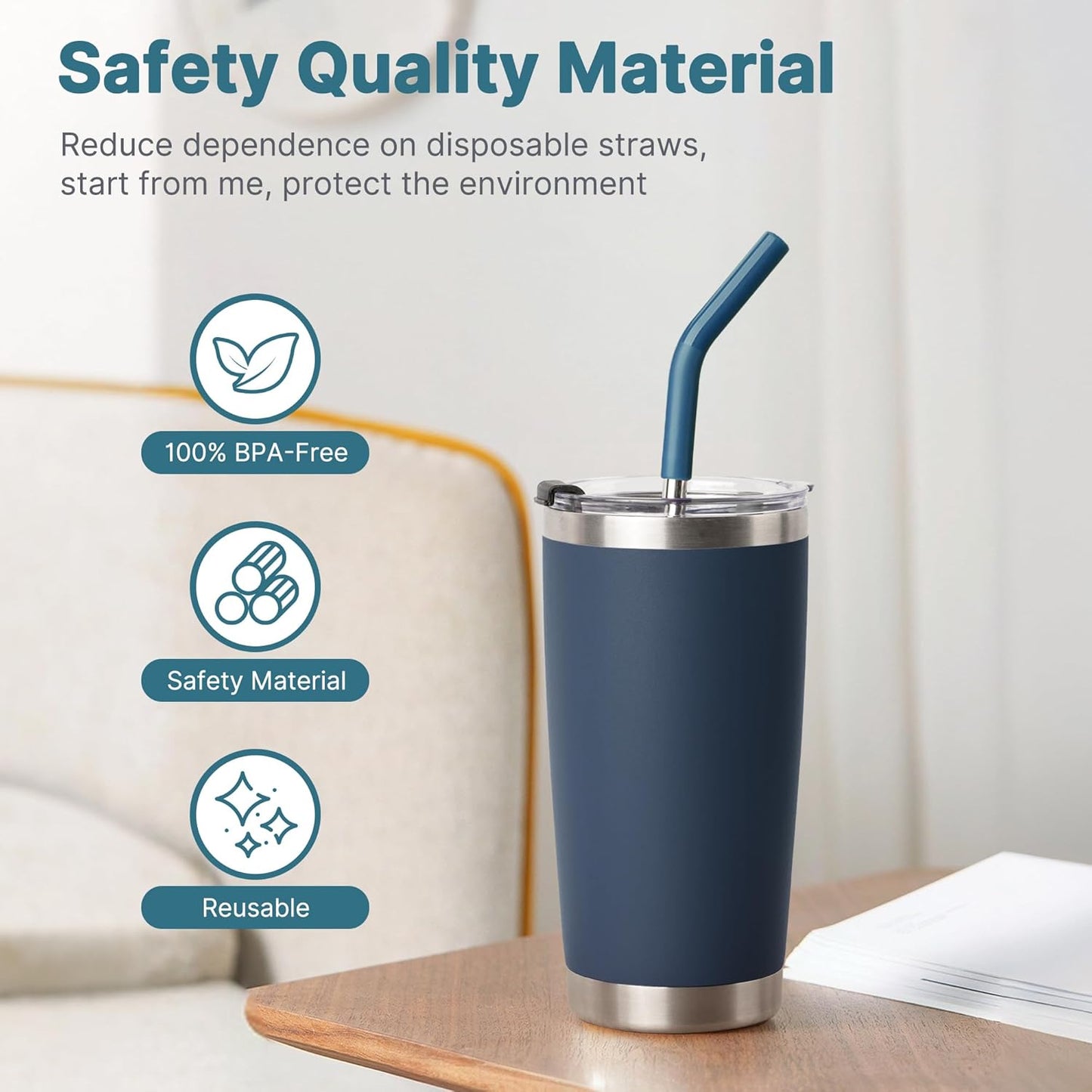 20 oz Straw for YETI Tumbler, Metal Straight Straws Reusable with Silicone Tip for 16/20 oz Glass Tumbler, Cleaning Brush, 1 Portable Bag