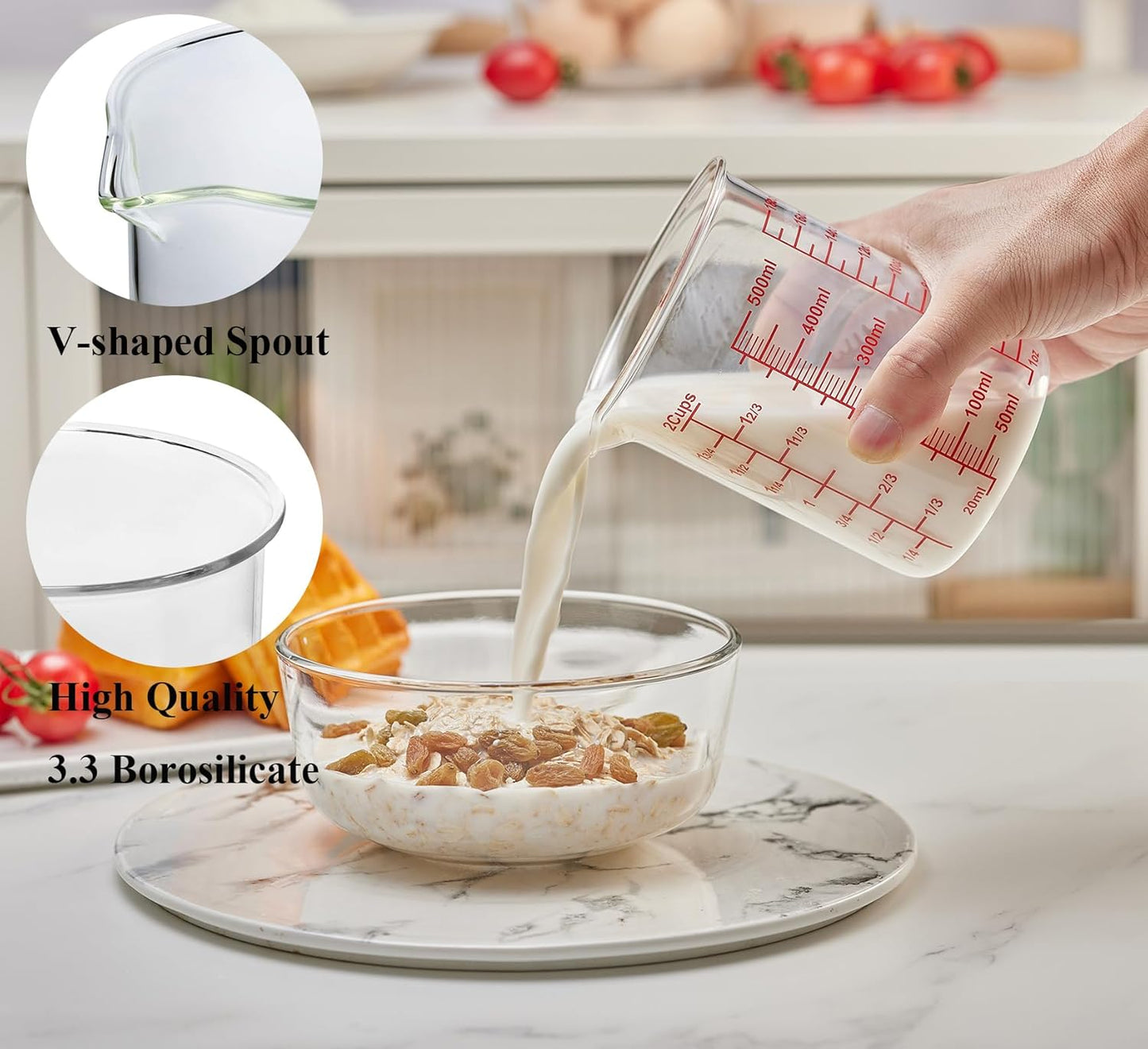 High Borosilicate Glass Measuring Cup-V-Shaped Spout，Glass Measuring Beaker for Kitchen or Restaurant, Easy to Read, 500 ML (16 Oz, 2 Cup)