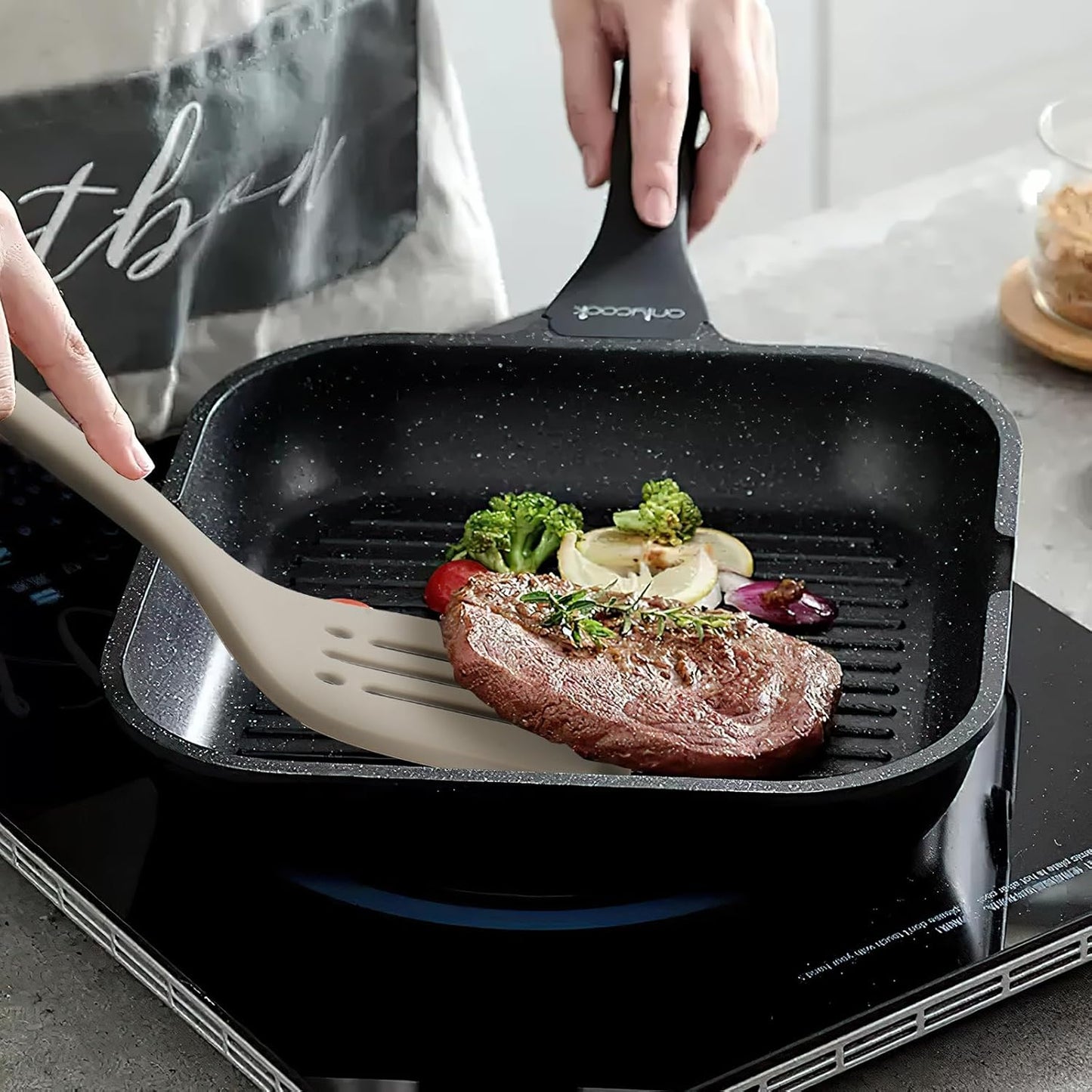 Silicone Kitchen Cooking Utensils Set: MOACC Heat Resistant 13inch Long Kitchen Gadgets, BPA Free Non Stick Rubber Cook Accessories For Food Prep, Frying, Serving, Basting (Light Grey)