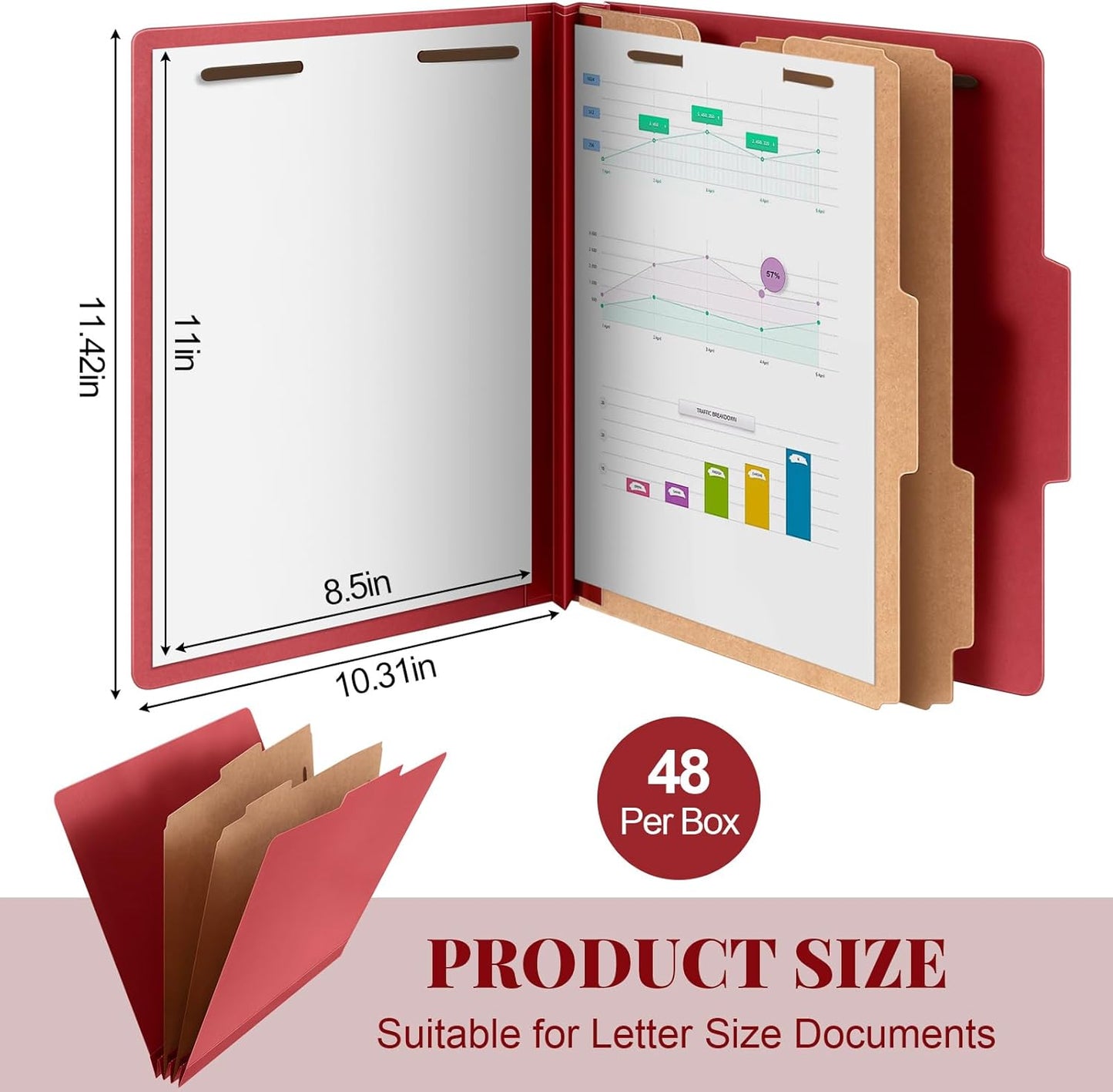 48 Pcs Classification Folders Letter Size, 2 Divider Pressboard File Folders with 3. 5 Inch Expansion, 2 Prongs Fastener, Heavy Duty Office File Organizers for Teachers, Medical (Dark Red)