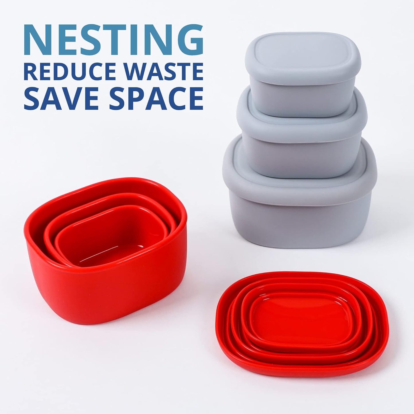 BLUE GINKGO Nesting Silicone Containers - Set of 3 Hard-Shell Silicone Food Storage Containers | BPA Free, Airtight, Dishwasher and Freezer Safe (6.7oz, 10oz, 20oz) - Red