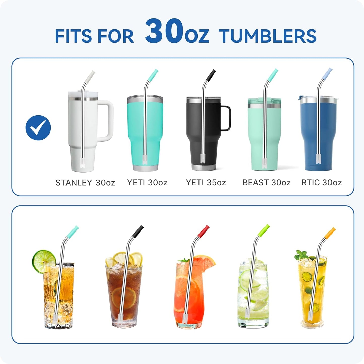 Reusable Stainless Steel Straws with Silicone Tip for Stanley 30oz, Metal Drinking Straws for 30oz Tumbler,3 Bent Tubes & 6 Tips& 1 Cleanr Brush (White)